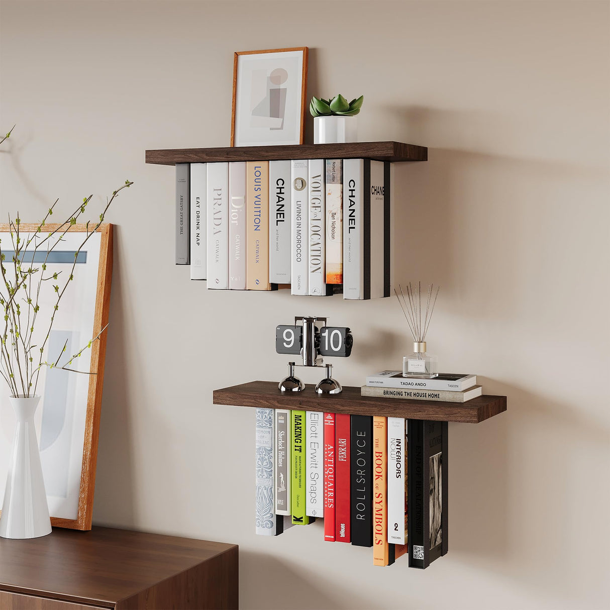 BUTUNITA Floating Bookshelves for Wall, Rustic Wood Hanging Wall Bookshelf, Upside Down Book Shelf and Wall Mounted Bookshelves for Home Decor in Bedroom, Living Room, Carbonized, 2 Pack BUTUNITA