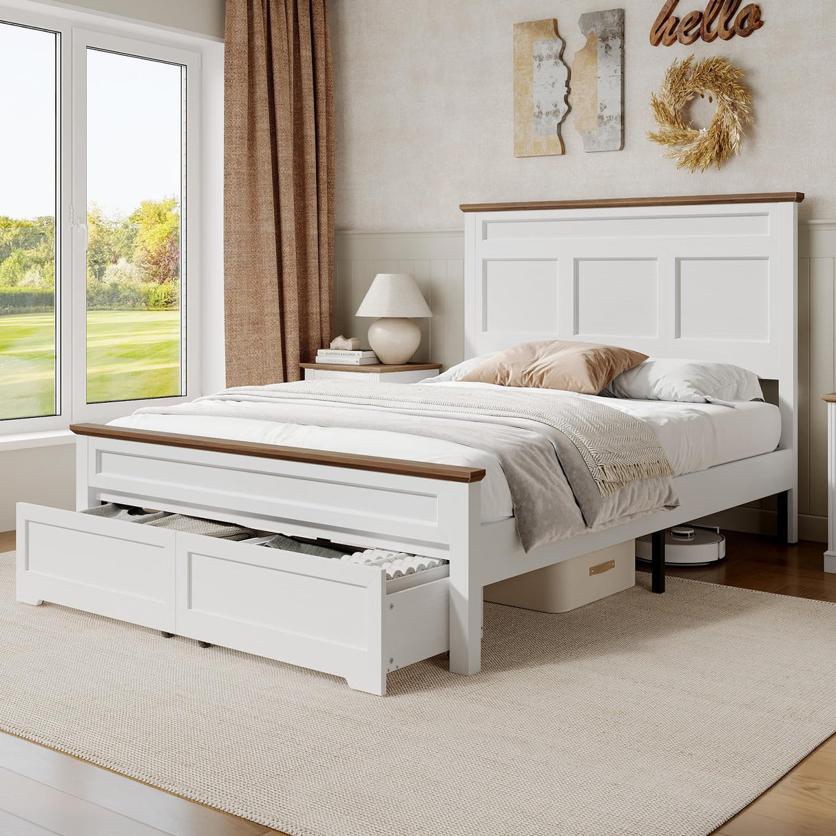RALGEND Farmhouse Full Size Bed Frame with 51.2" Tall Headboard & Footboard, Wooden Platform Bed Frame with Large Storage Drawers, No Squeak, No Box Spring Needed, White and Walnut RALGEND