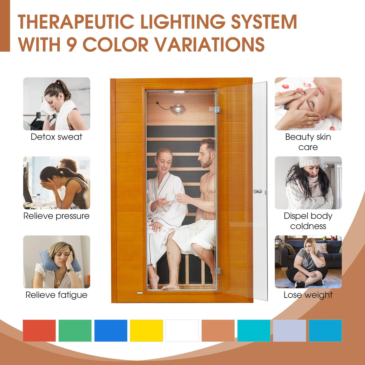 springspa Far Infrared Sauna Room, Near Zero EMF Canadian Hemlock Wood Sauna with 1800W, 9 Chromo Therapy Lights, Oxygen Ionizer, Bluetooth, LCD Control Pannel for Indoor Use, 2 Persons springspa