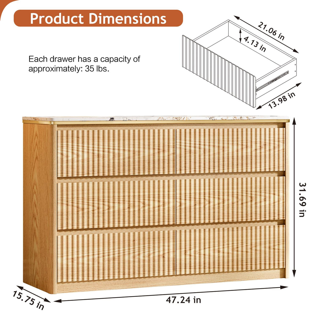 Ieejdn Fluted Dresser for Bedroom with 6 Drawers, 47.2" Modern Chest of Drawers with Faux Marble Top, Curved Profile Design,Dresser TV Stand, Wood Drawer Organizer for Living Room, Hallway, Oak1