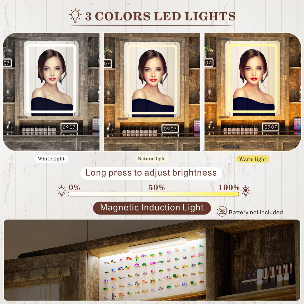 GlasFlength Farmhouse Makeup Vanity Desk with Mirror & Light, 40'' Glass Tabletop Vanity Table with 2 Drawers & Hidden Jewelry Cabinet, Rustic Big Vanity Charging Station Set, Stool Included, Bedroom GlasFlength