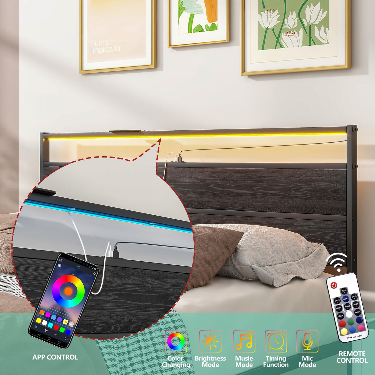 Queen Bed Frame,Queen Size Metal Platform Bed Frame with Storage & LED Light Headboard and USB Charging Station,No Box Spring Needed,Heavy Duty Metal Slats,Noise Free,Black BOFENG