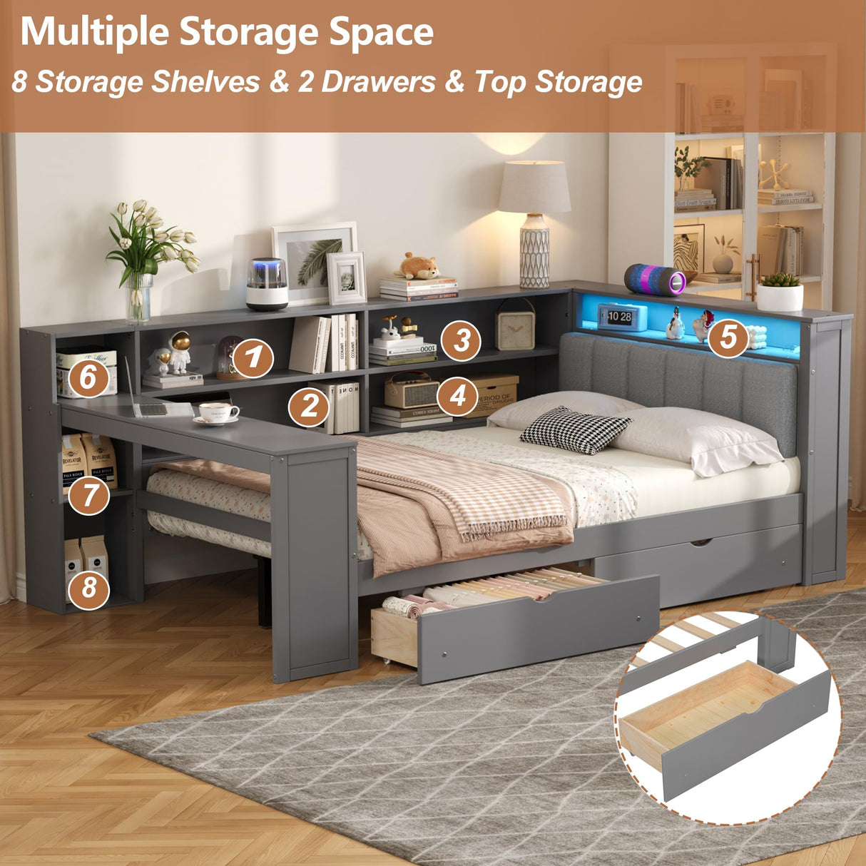 Full Size Corner Bed Frame with Storage Drawers and Desk,Captain Daybed with L-Shaped Bookcase and LED Lights,Corner Bed Full Size with Charging Station for Kids,Teens,Adults,Gray Bellemave