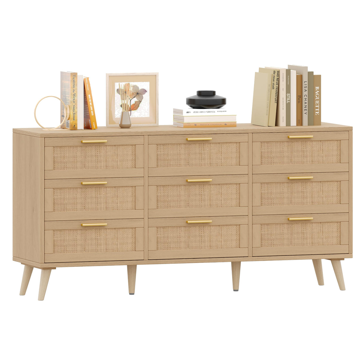 Rovaurx 9 Drawer Double Dresser for Bedroom, Rattan Chest of Dressers, Modern Wooden Dresser Chest with Golden Handles, Beside Table for Closet, Living Room and Entryway, Natural Rovaurx