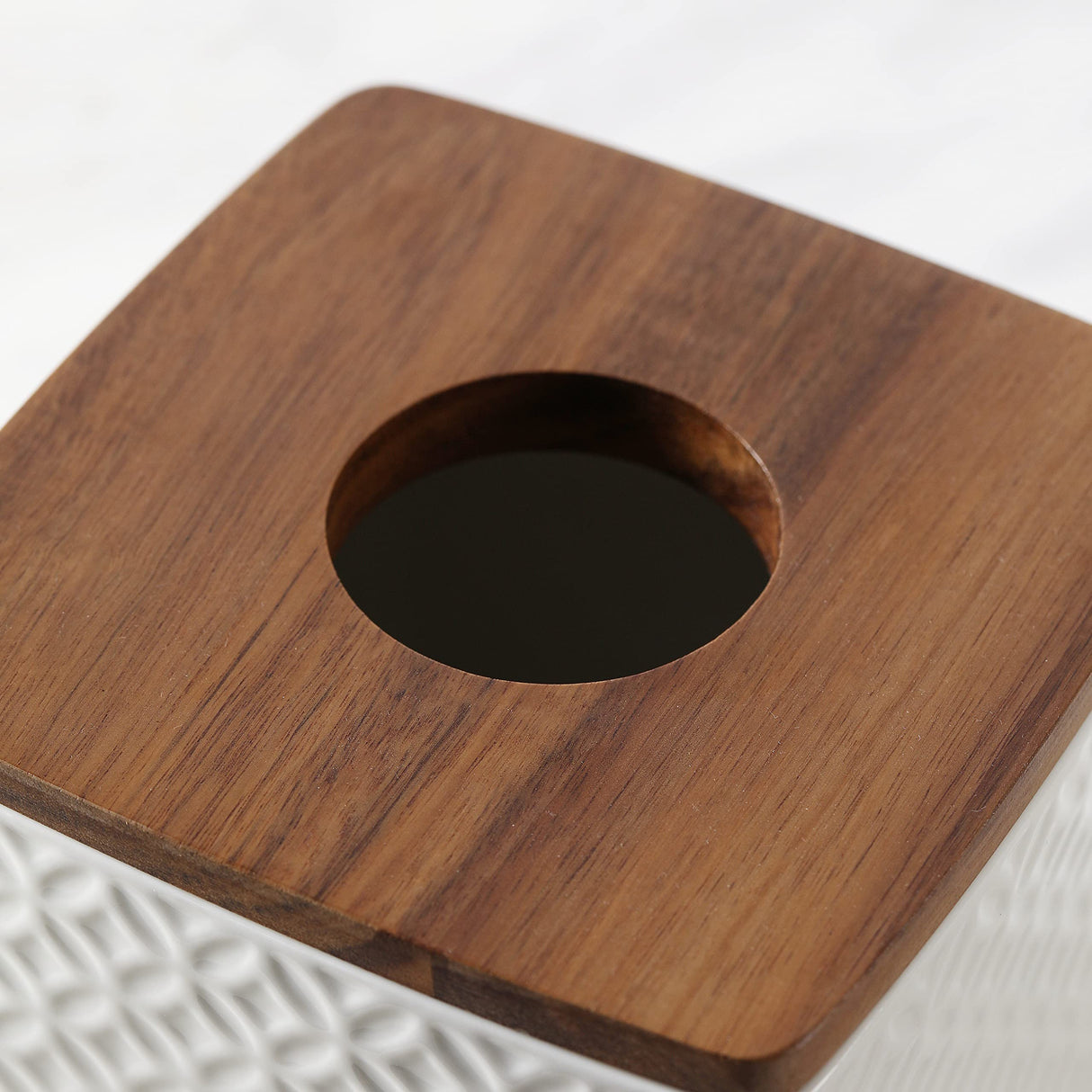 Motifeur Bathroom Accessories - Ceramic Tissue Holder with Wooden Lid, Decorative Square Tissue Cover Box (White and Beige) Motifeur