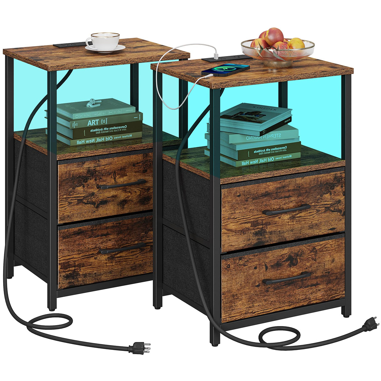 TUTOTAK LED End Table with Charging Station, Nightstand with Cloth Drawer, Side Table with 1 USB Port and 1 Type-C Port, Set of 2, Couch Table, Brown TB01BB052L TUTOTAK
