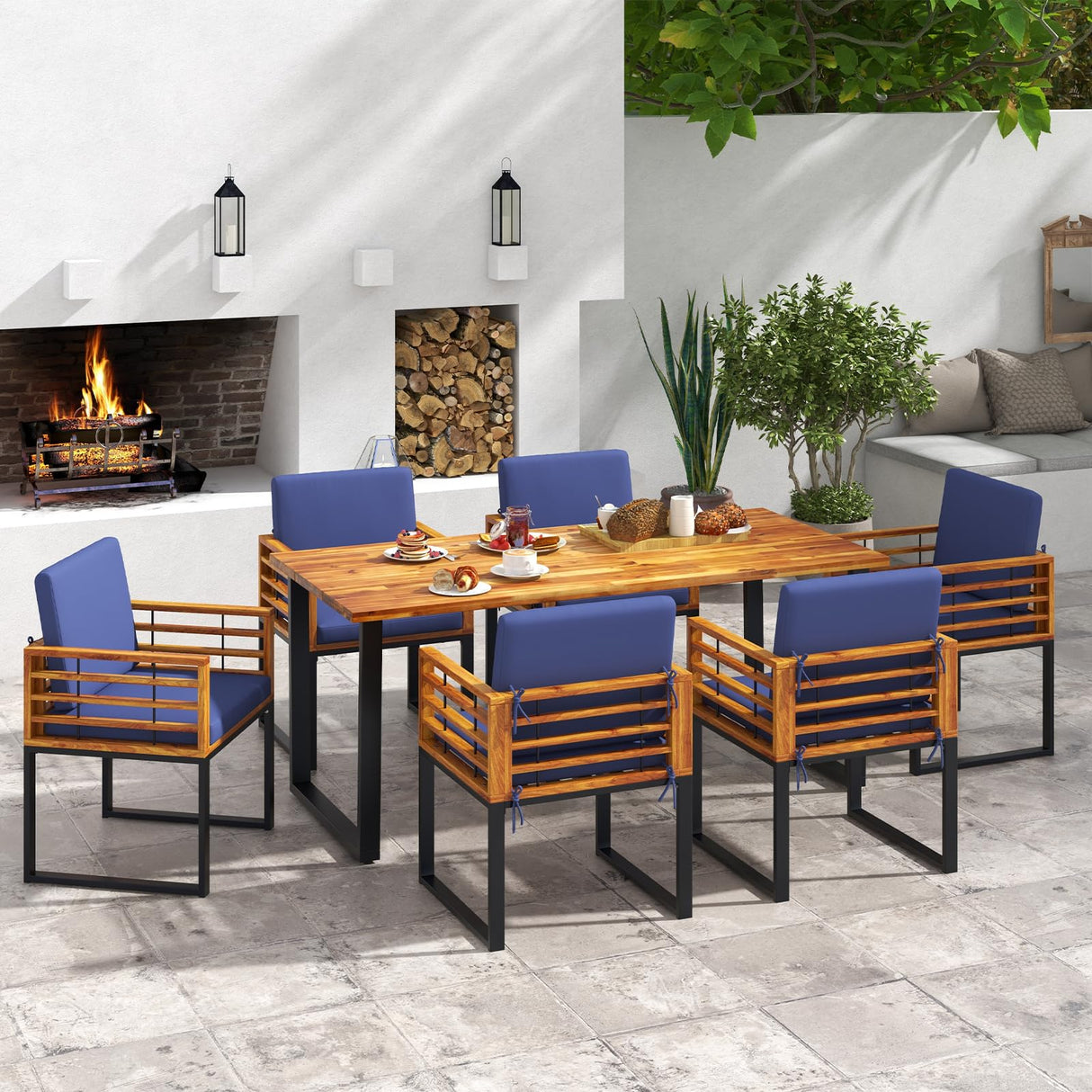 Tangkula 7 Piece Patio Dining Set, Acacia Wood Dining Chair & Table Set, 69” Spacious Tabletop with Umbrella Hole, Heavy-Duty Metal Support, Dining Set for Backyard, Poolside Tangkula