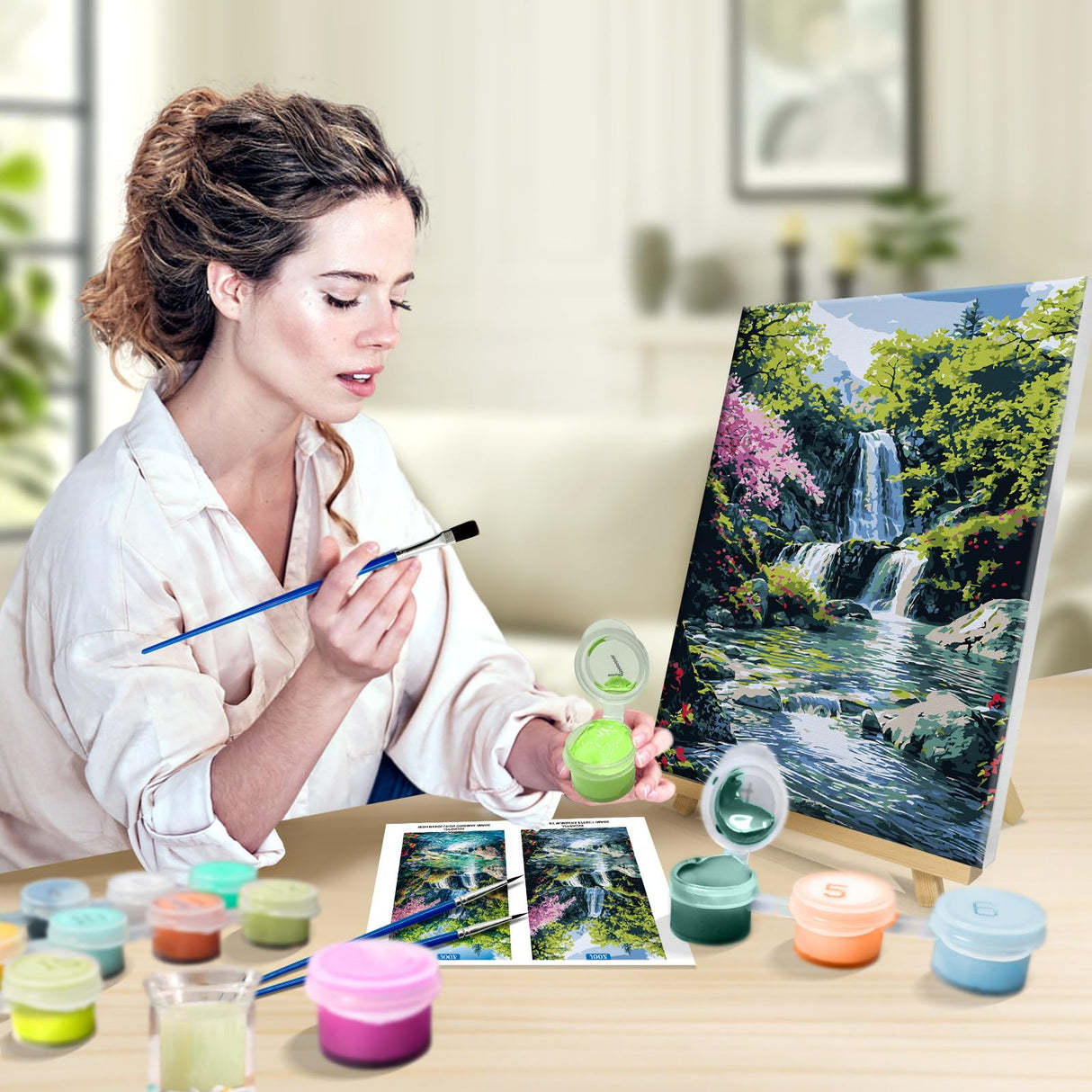 JOOZ Paint by Numbers Kit for Adults with Frame, Landscape Paint by Number with Easel, Mountain Waterfall Paint by Number Canvas, DIY Landscape Oil Painting Kit for Home Wall Decor 8x12 Inch JOOZ