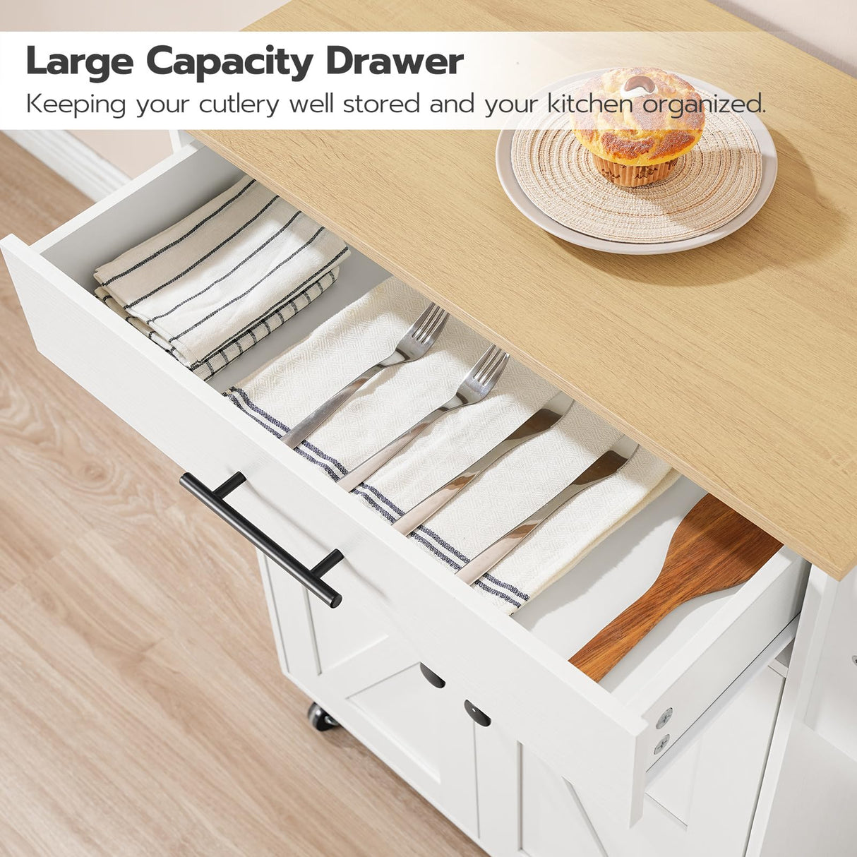 HOOBRO Kitchen Island with Power Outlet, Kitchen Storage Island with Large Worktop, Spice Rack and Drawer, Rolling Kitchen Cart on Wheels, for Kitchen and Dining Room, White and Natural WN88UZD01 HOOBRO