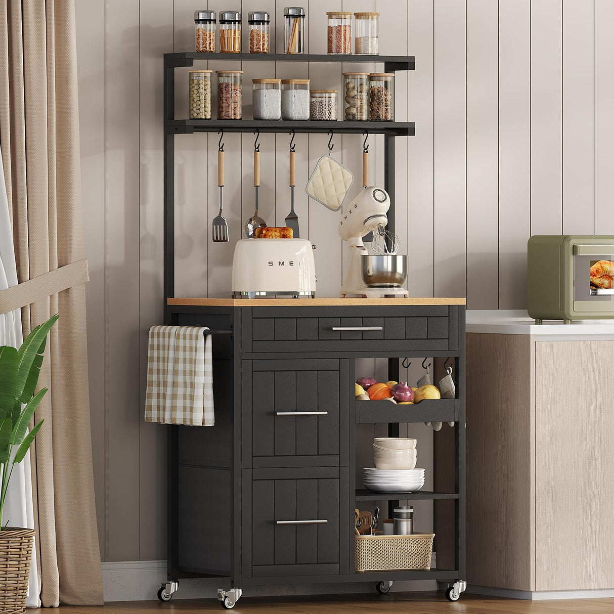 Itaar Kitchen Island with Storage, Rolling Kitchen Island Cart with Shelves and Drawers, Towel Rack, 8 S Hooks, Kitchen Cart on Wheels, for Home, Dining Room, Black Itaar