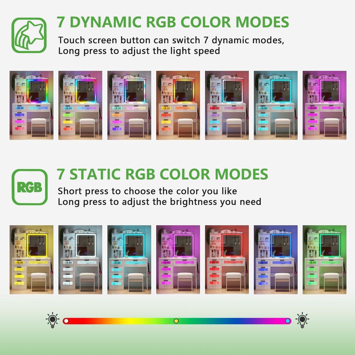 HNEBC Vanity Desk with Sliding Mirror and LED Lights, RGB Vanitys with Charging Station, Makeup Vanity with Remote Control, White Dresser with Stool/Lager Drawers for Bedroom (White) HNEBC