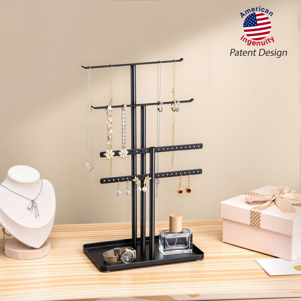 pickpiff Jewelry Stand Organizer, 14.5" Tall Sturdy Metal, 3-Tier Jewelry Holder for Necklace, Earring, Bracelet, Ring, Hanger for Display and Storage, Aesthetic Room Decor, Black pickpiff
