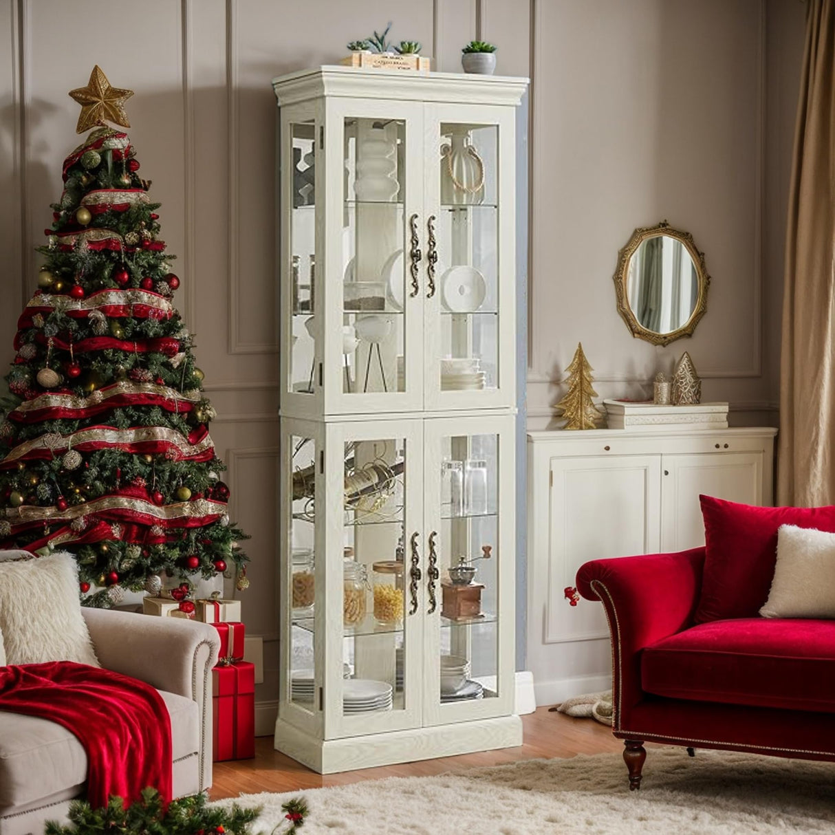 CKEASEAN Curio Cabinet 71" Lighted Glass Display Cabinet, Display Curio Cabinet with Adjustable Glass Shelves Vintage, China Cabinet Light Bulb Included, Curio Storage Cabinet with 6 Shelves (White) CKEASEAN