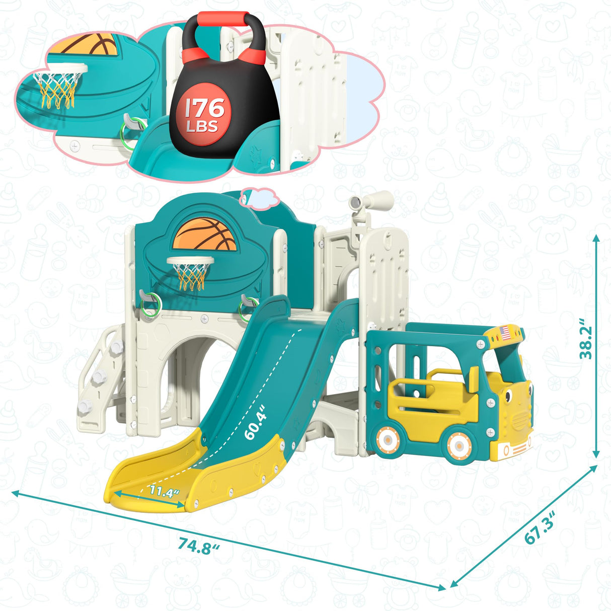 NYEEKOY 9-in-1 Toddler Slide, Bus-Themed Baby Slide and Climber Playset with Basketball Hoop, Ring-Toss, Car Playhouse, Kids Indoor and Outdoor Playground Nyeekoy