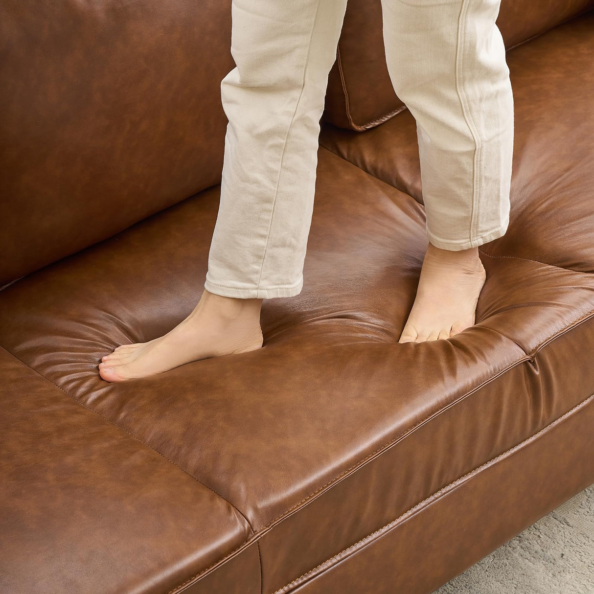 81" Faux Leather Sofa, Mid Century Modern Deep Seat Couch, Upholstered Cushion&Removable Cover, Brown PU Couch, 3 Seat Sofa for Living Room, Office, Brown IDEALHOUSE