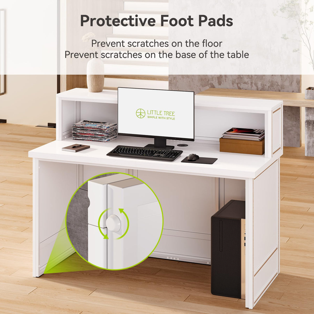 LITTLE TREE 57-Inch Reception Desk with Counter, Boho Style Front Desk, Modern Checkout Counter, Receptionist Desk for Retail, Lobby, Salon, Office, White LITTLE TREE