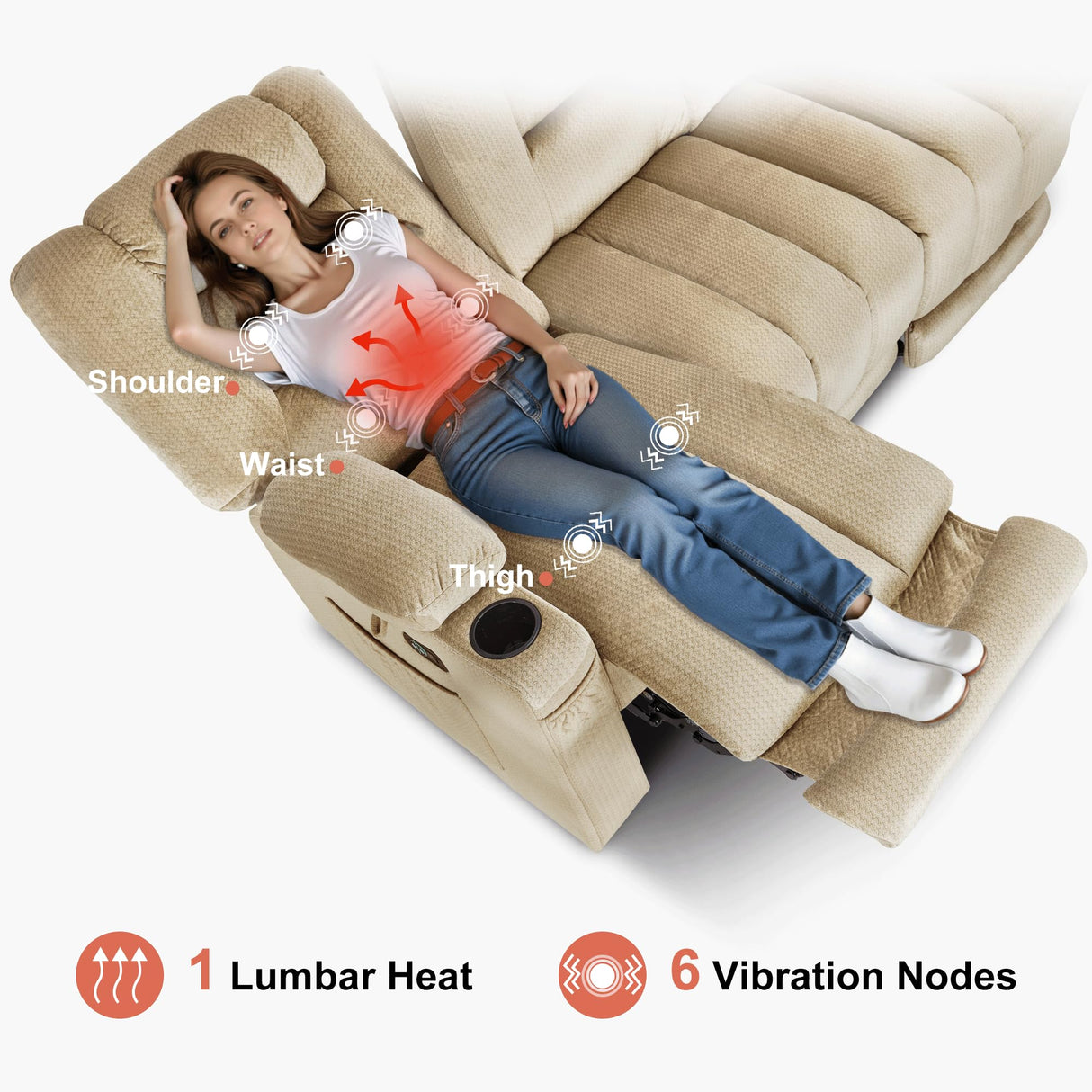 MCombo Zero Gravity Power Reclining Sofa with Heat and Vibration Massage, 3 Seater Reclining Couch with USB Ports, Cup Holders for Living Room, Fabric PR648SET (Beige) MCombo