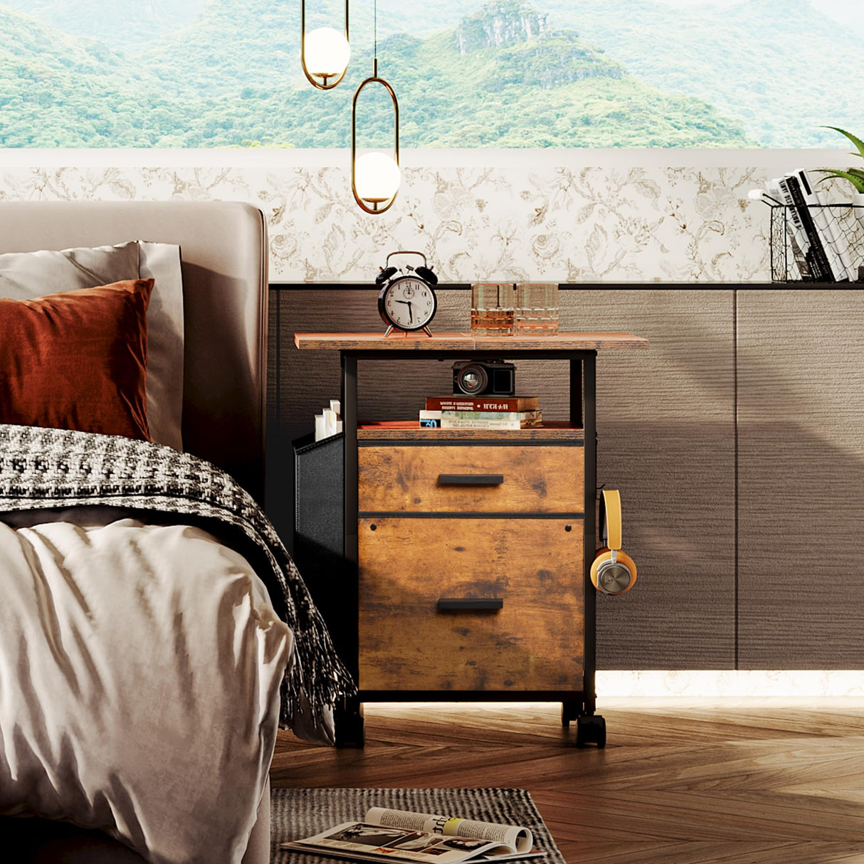 NASHZEN File Cabinet Printer Stand, Mobile Filing Cabinet with 2 Storage Drawers, for Hanging A4, Letter Size File Folders, Open Shelf with Storage Bag and Hooks Home Office, Rustic Brown NASHZEN