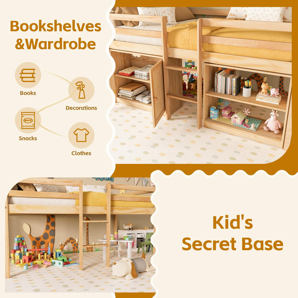 TOLEAD Low Loft Bed Twin Size with LED Lights, Twin Bed Frames for Kids, Kids Loft Bed with 14" H Safety Guardrail, Wood Twin Loft Bed with Storage Cabinet and Under-Bed Play Space (Natural) TOLEAD