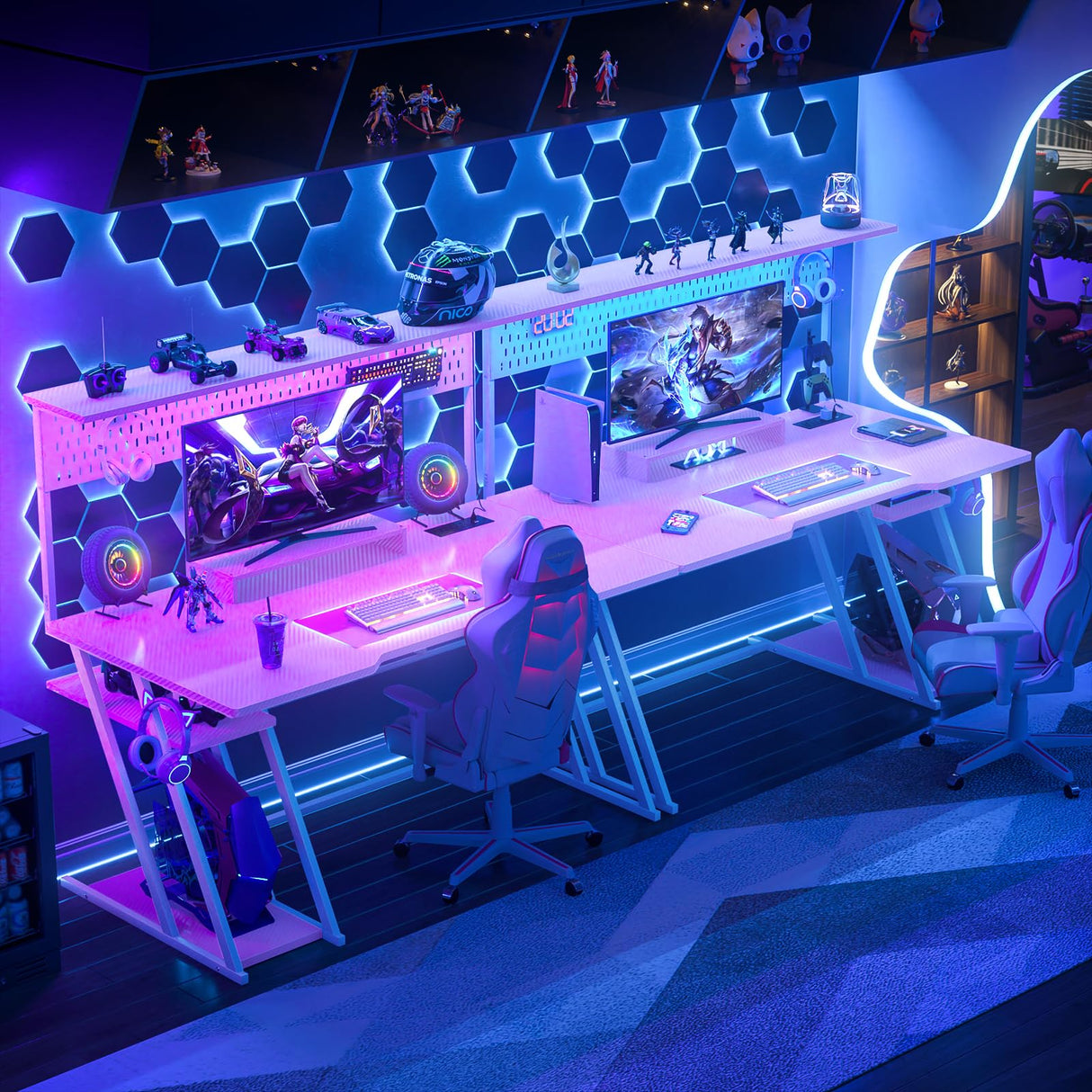 Pink Gaming Desk with Hutch and LED Lights, 55" Computer Desk with Storage Shelves, Reversible PC Gaming Desk with Pegboard, Gaming Table Gamer Desk for Bedroom, Carbon Fiber Pink armocity