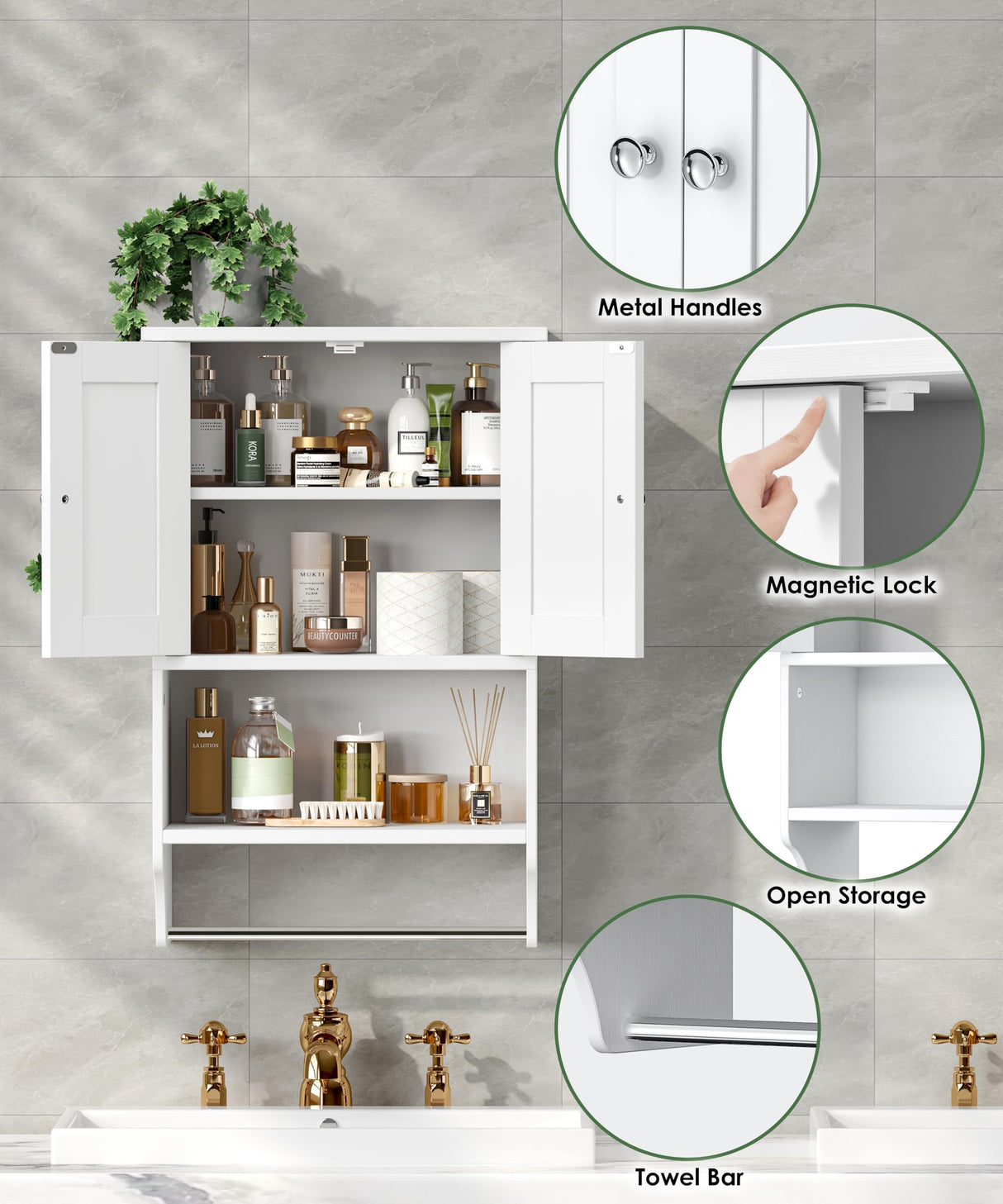 Irontar Small Medicine Cabinet with Towel Bar, Modern Bathroom Wall Cabinet with 2 Lined Doors, Over the Toilet Storage Cabinet with Adjustable Shelf, for Bathroom, Living Room, Kitchen, White CWG018W Irontar
