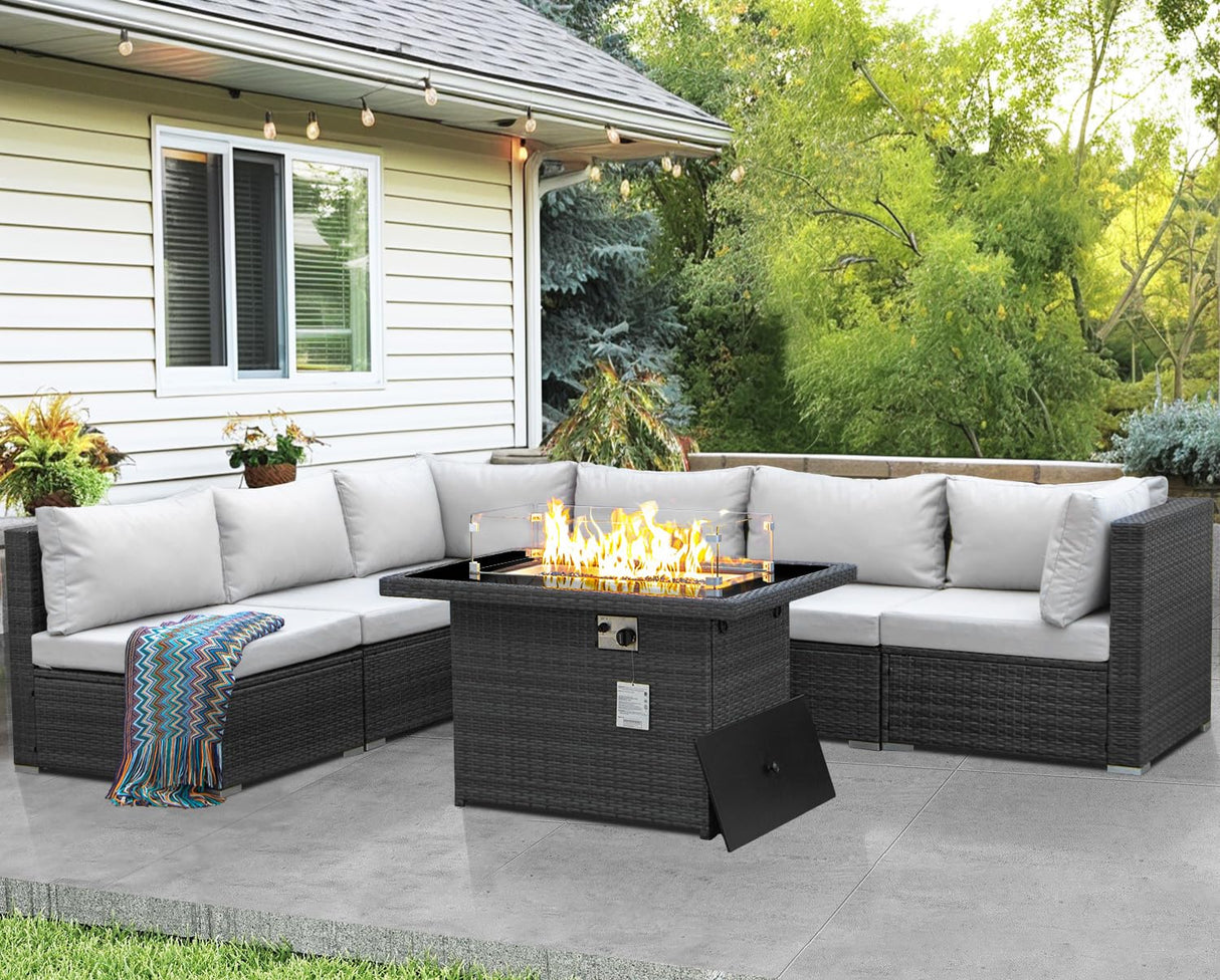 NICESOUL High-End Outdoor Patio Furniture Set with Natural Gas/Propane Firepits, 7 Piece Large Wicker Sectional Couches with Fire Table, 29.3'' High Back Deep Seating Comfy Conversation Sofas, Gray NICESOUL