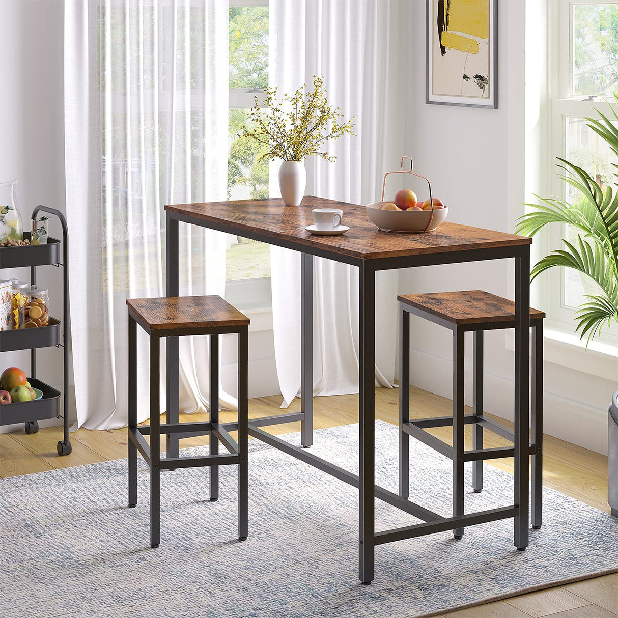 HOOBRO Bar Table and Chairs Set, 47.2” Rectangular Pub Table with 2 Stools for Small Space, High Top Table, 3-Piece Breakfast Table Set, Sturdy Metal Frame, Easy to Assemble, Rustic Brown BF52BT01 HOOBRO