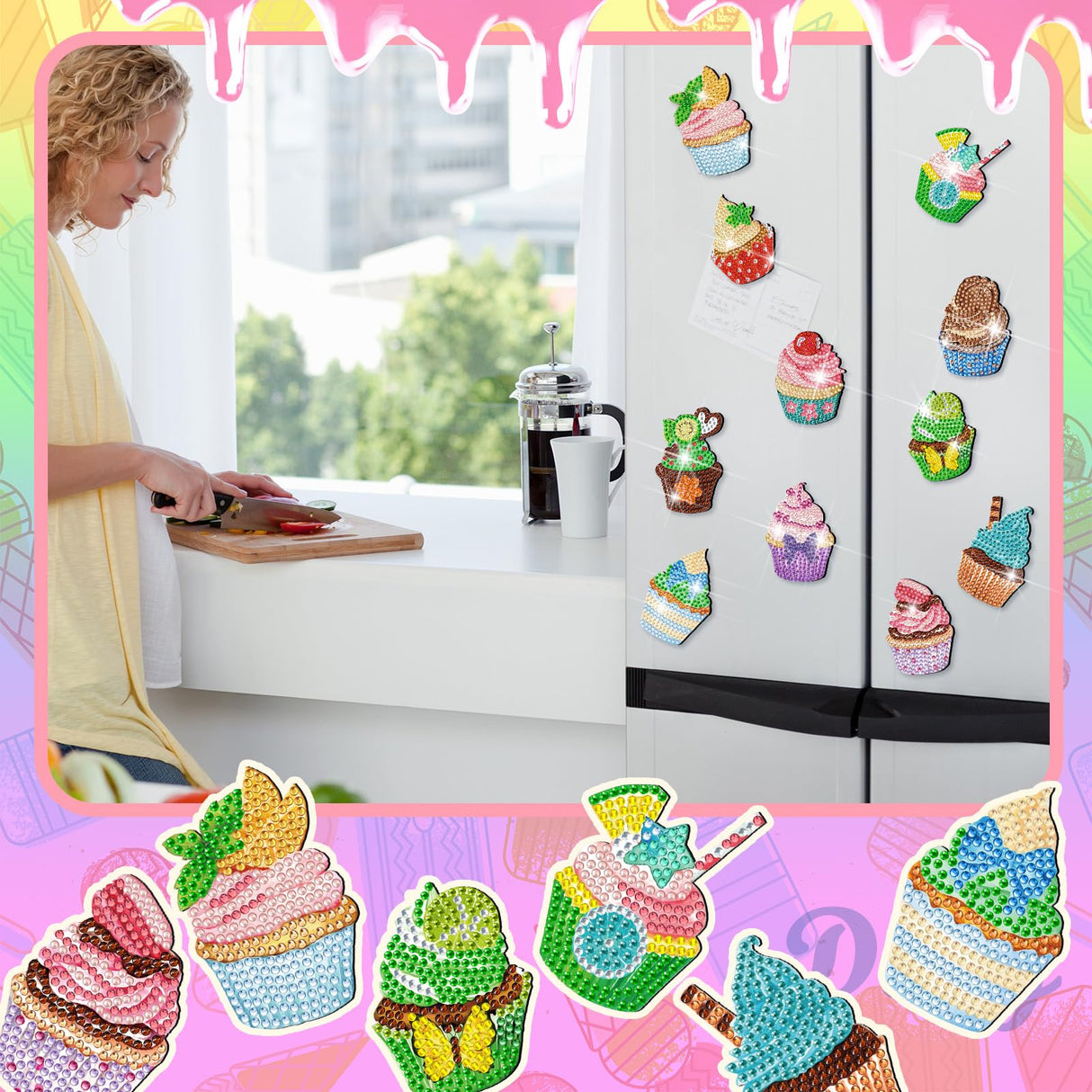 Remuuly 30 Pcs Diamond Painting Magnets Summer Diamond Art Magnet Kits for Adults Spring Flower Animal Cupcake 5D Rhinestones Refrigerator Magnetic Stickers for Fridge DIY Crafts Gifts(Cupcake) Remuuly