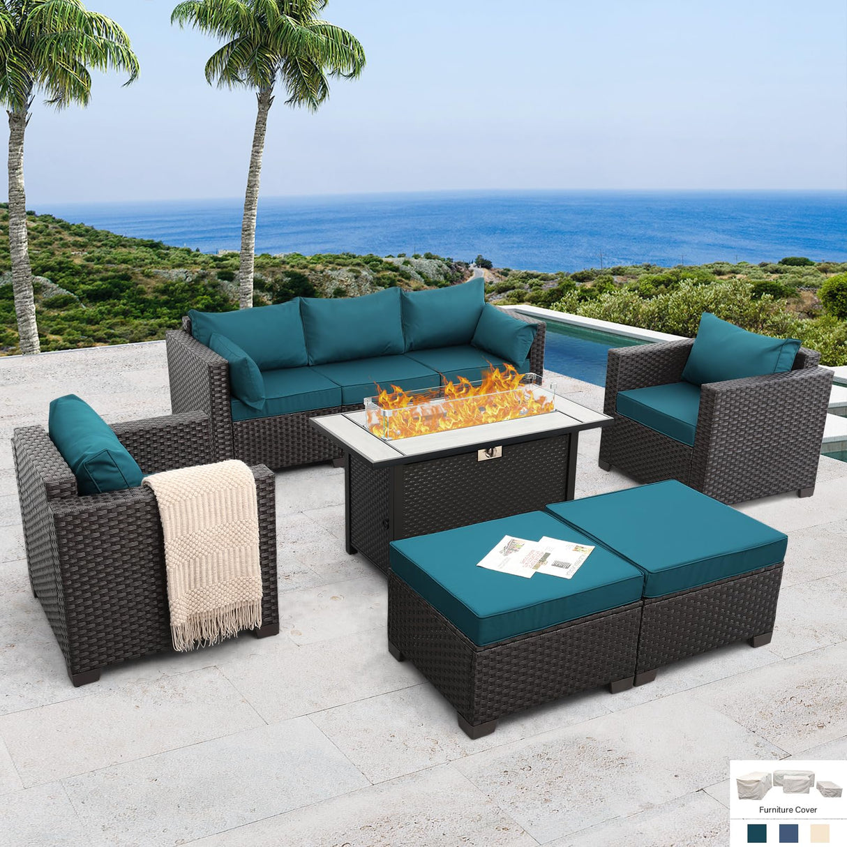 Patio Furniture Set 6-Piece Outdoor Furniture Set with 45'' Propane Gas Fire Pit Table Outdoor Conversation Set Wicker Sofa Set Non-Slip Cushions Waterproof Covers, Peacock Blue Rattan Star