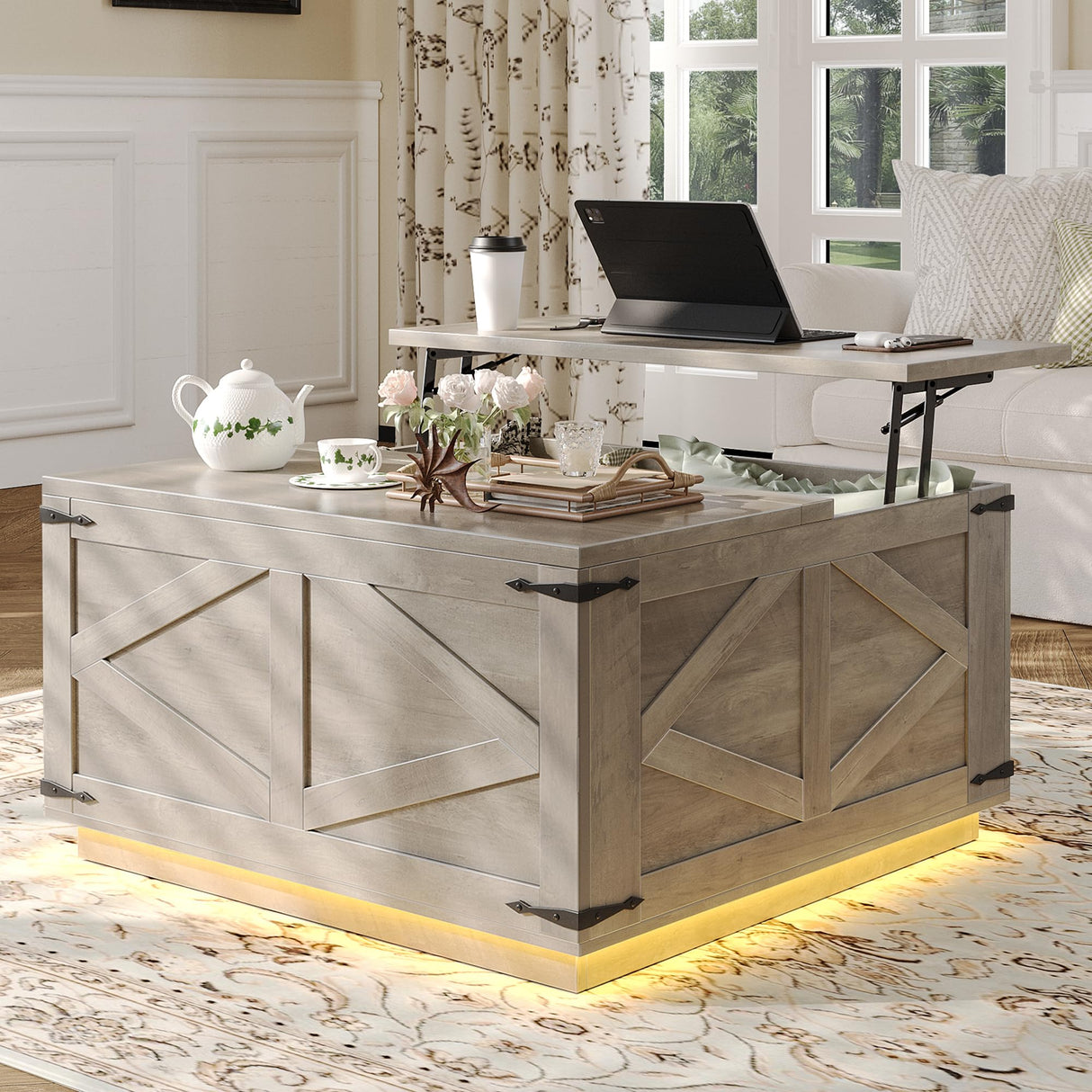 Farmhouse Coffee Table with Storage, Lift Top Coffee Table Square Wood Center Table with LED Light, Charging Station and Hidden Compartment Coffee Tables Rustic Furniture for Living Room (Gray) Jocoevol
