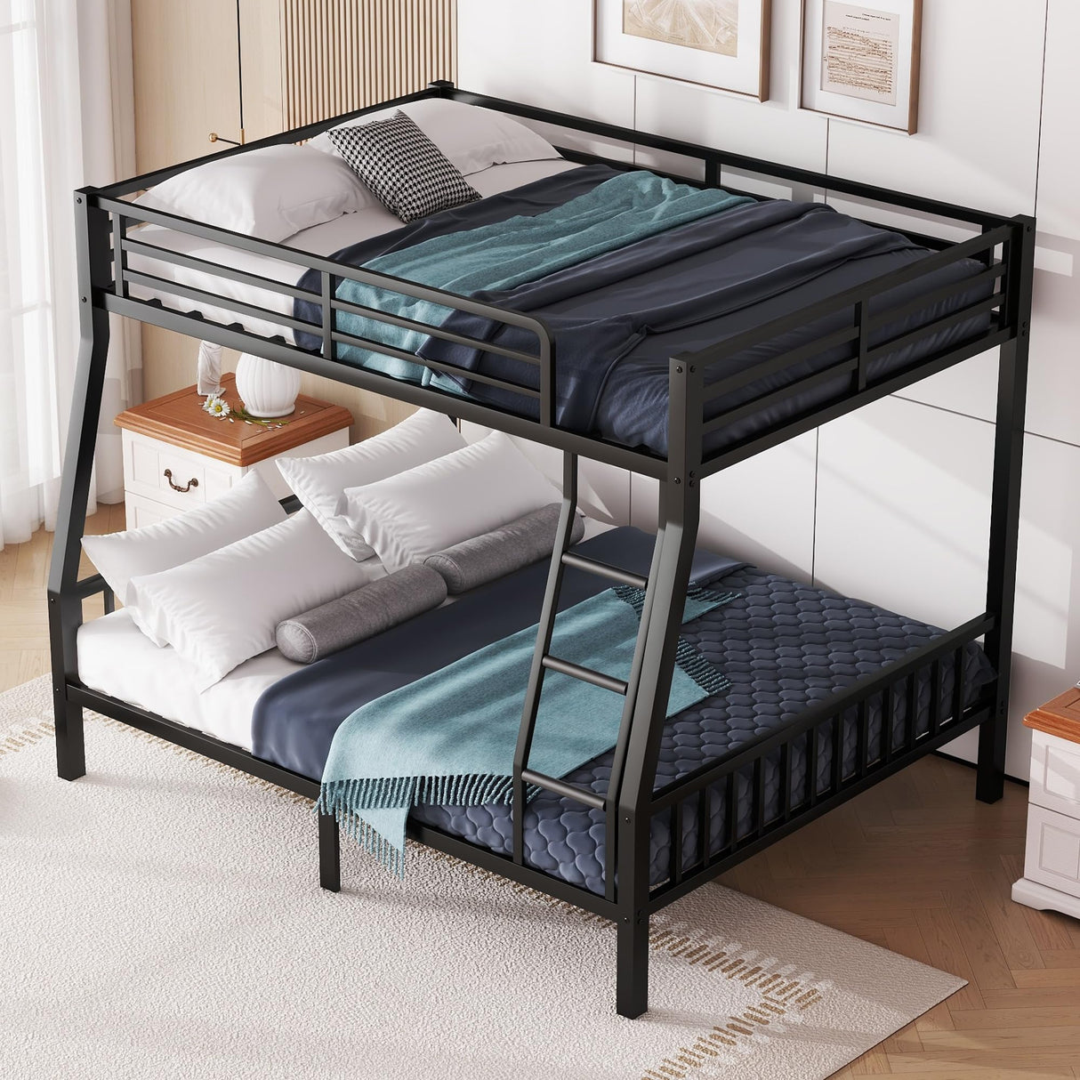 mikibama Full XL Over Queen Bunk,Metal Heavy Duty Bunk Beds for Adults,Queen Bunk Bed with Inclined Ladder,Industrial Bunkbeds for Kids,Adult,Small Spaces,Space Saving. (Black, Full XL Over Queen) mikibama