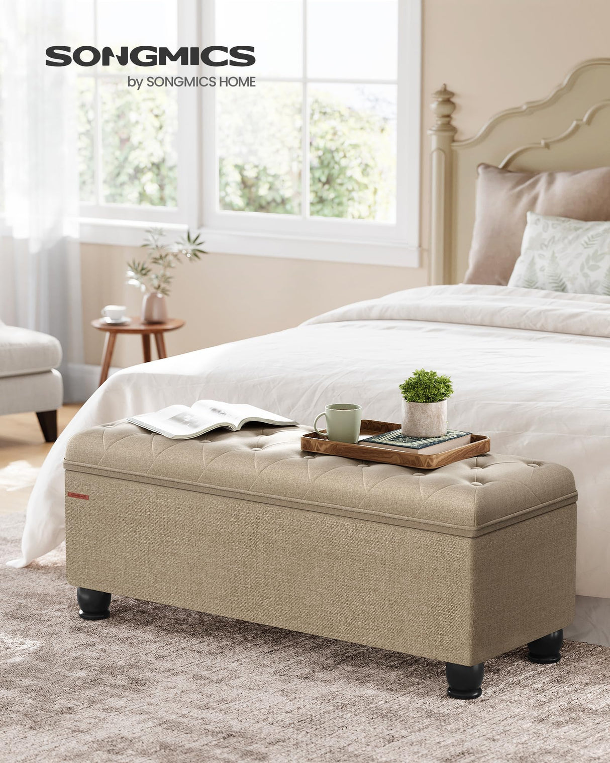 SONGMICS Storage Ottoman, Storage Bench, Tufted Entryway Bedroom Bench, 17.7 x 46.5 x 17.7 Inches, Hinges Easy Lid Operation, Wooden Legs, Linen-Look Cover, Loads 330 lb, Camel Brown ULOM070K01 SONGMICS