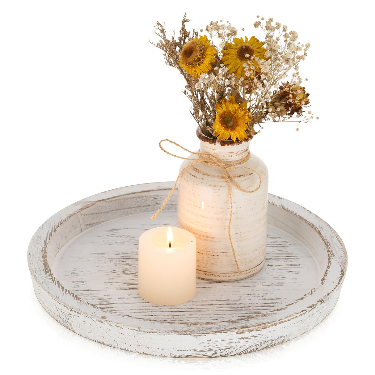 Romadedi Rustic Wooden Tray Candle Holder - Round Wood Decorative Pillar Candle Tray for Coffee Table Farmhouse Kitchen Countertop Organizer Home Decor Wedding Centerpiece, Distressed White Romadedi