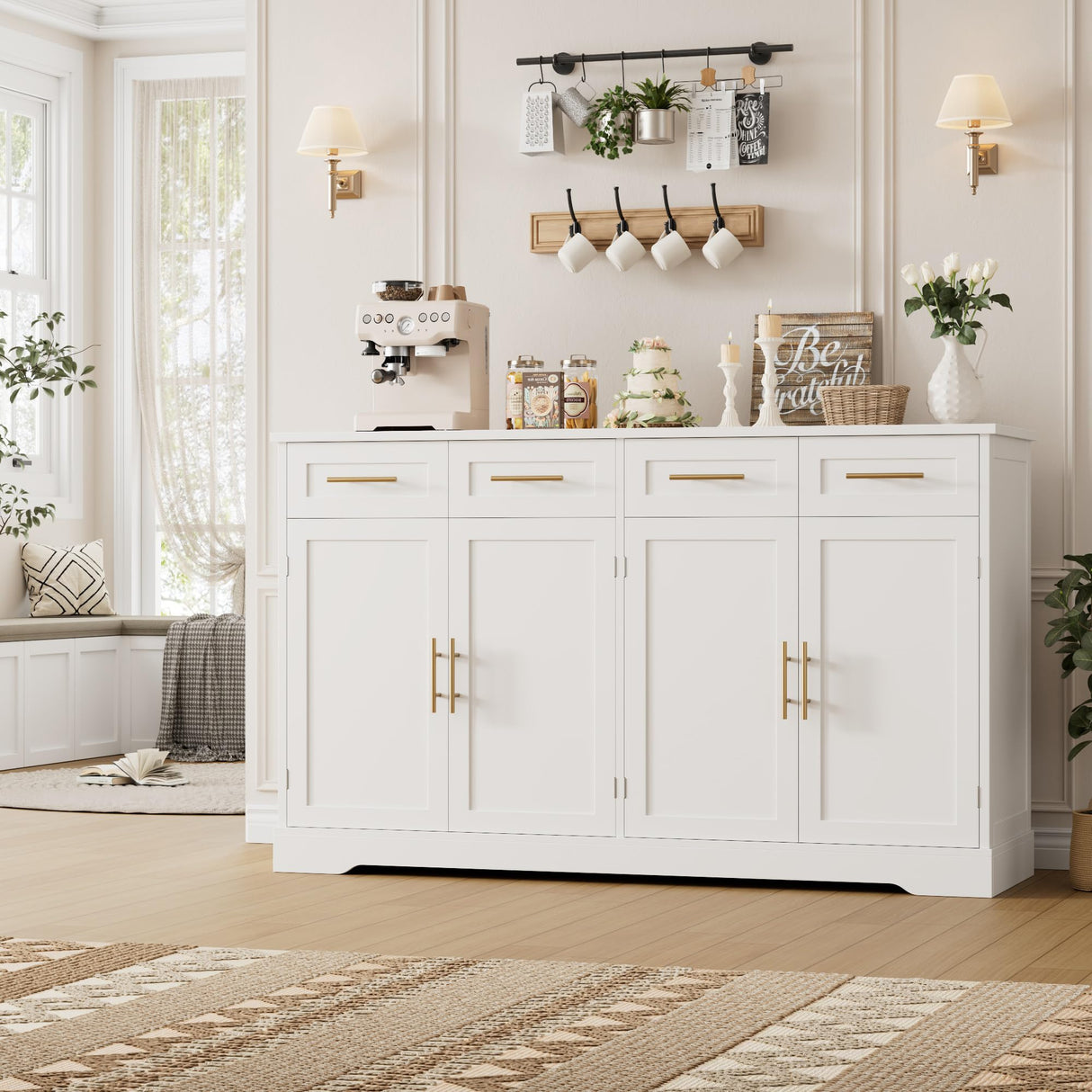 HOSTACK 60" Large Buffet Sideboard with Storage, 36" Tall Kitchen Buffet Storage Cabinet with 4 Drawers, Modern Coffee Bar Cabinet with Gold Handles, Long Sideboard Buffet Table for Kichen, White HOSTACK