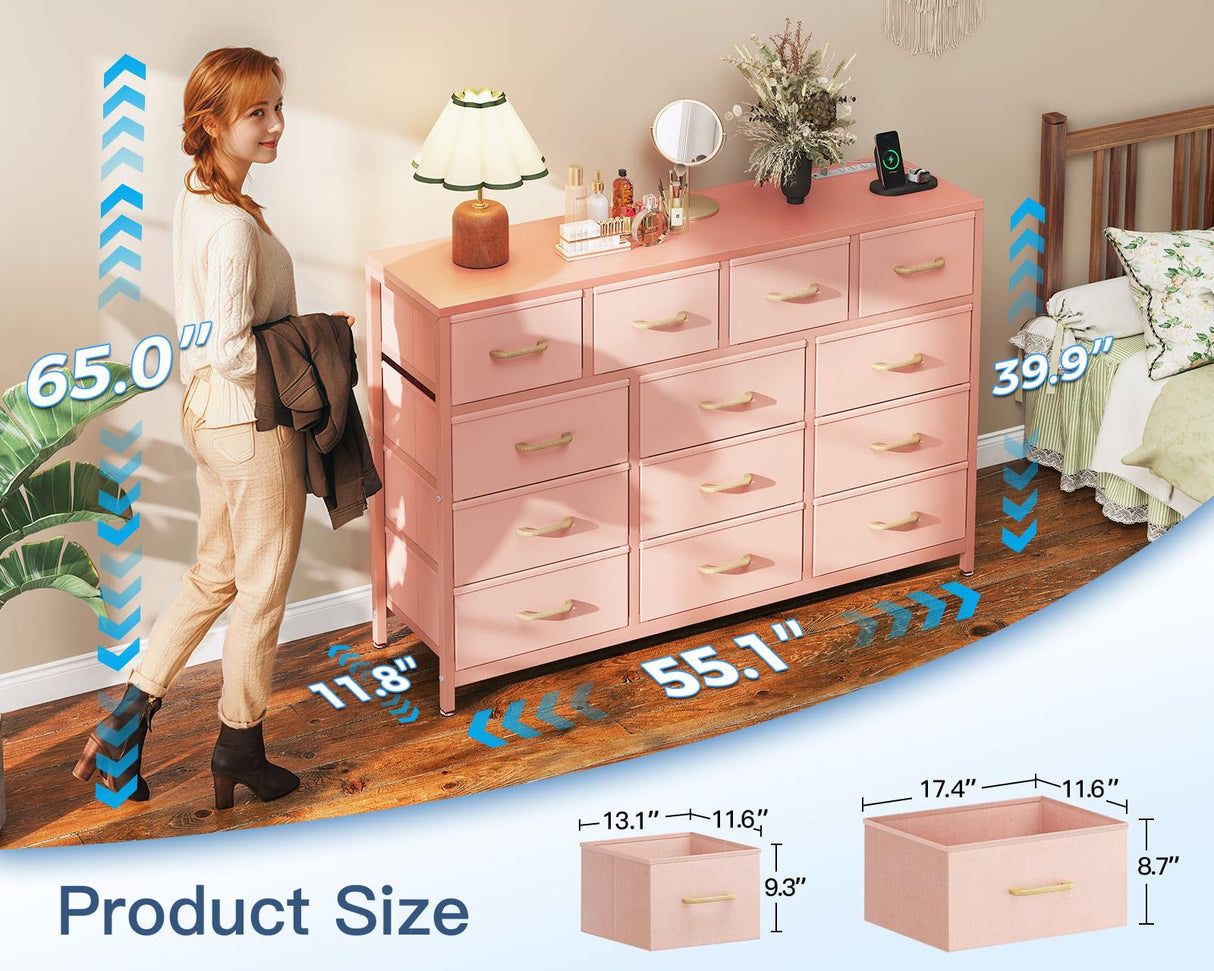 Casaottima Dresser for Bedroom with Charging Station, 55" Long Dresser with 13 Storage Drawers, Large Fabric Dressers Chests of Drawers with Shelves, Pink Casaottima