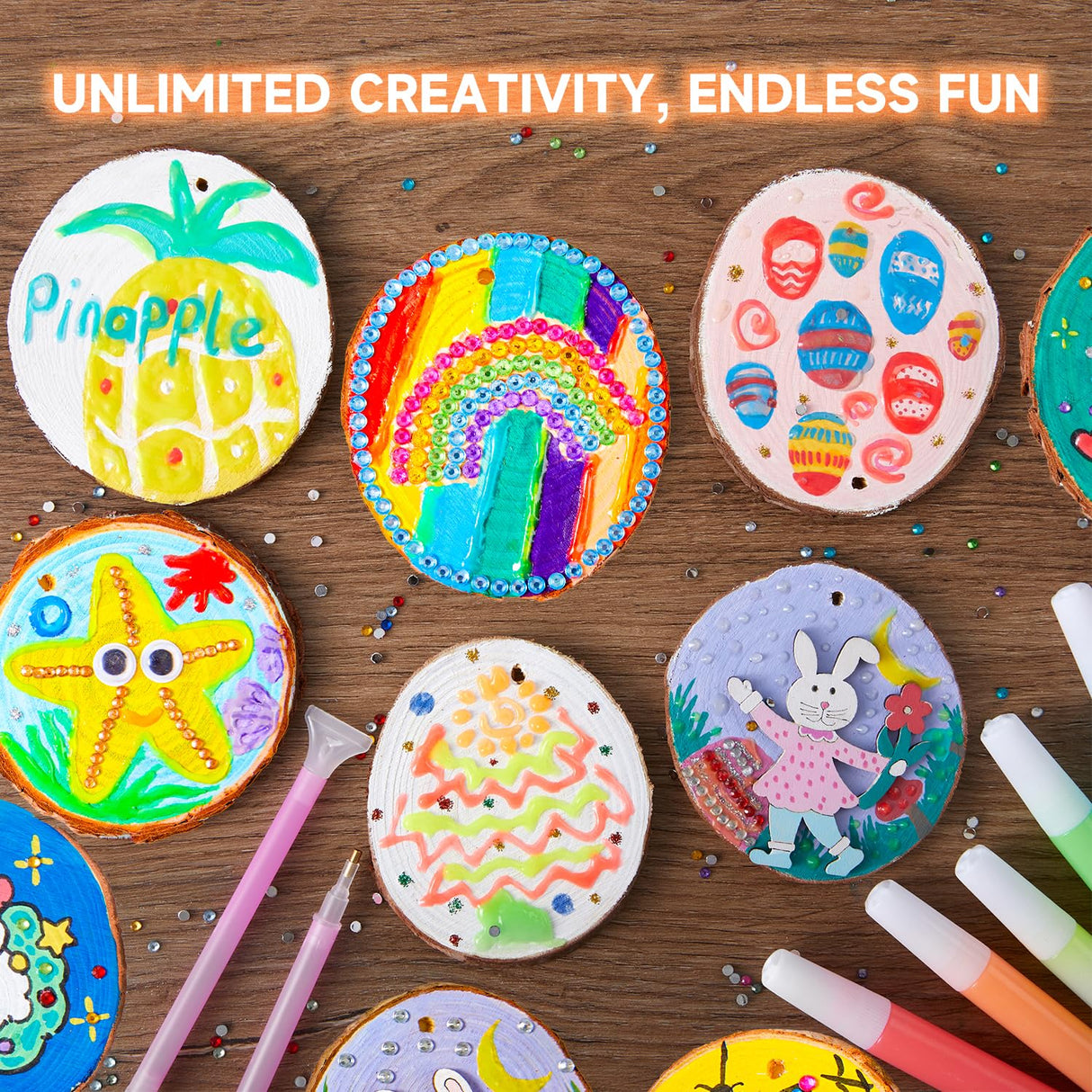 Kids Wood Painting Craft Kit, Glow-in-the-Dark Paint and Diamond Painting on Wood Slices with Stickers & Wiggle Eyes, Ideal Arts and Crafts for Kids Ages 5-12, Gifts for Halloween, Christmas, Birthday Shuttle Art