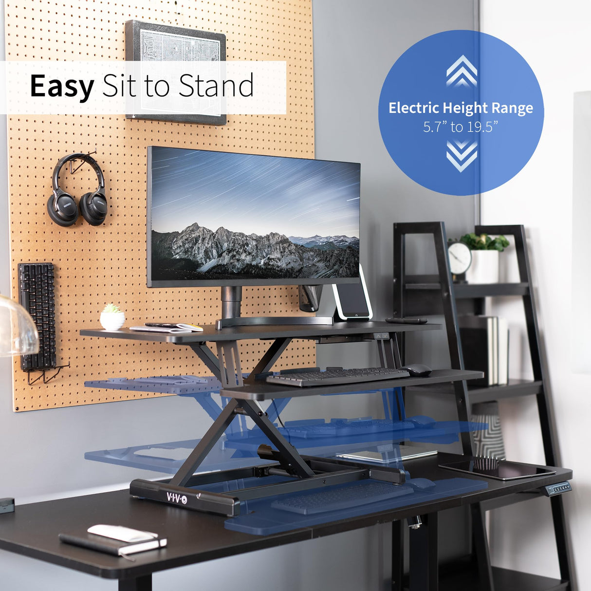 VIVO 42 inch Electric Motor Desk Converter, Height Adjustable Riser, Sit to Stand Dual Monitor and Laptop Workstation with Wide Keyboard Tray, Black, DESK-VE42B VIVO