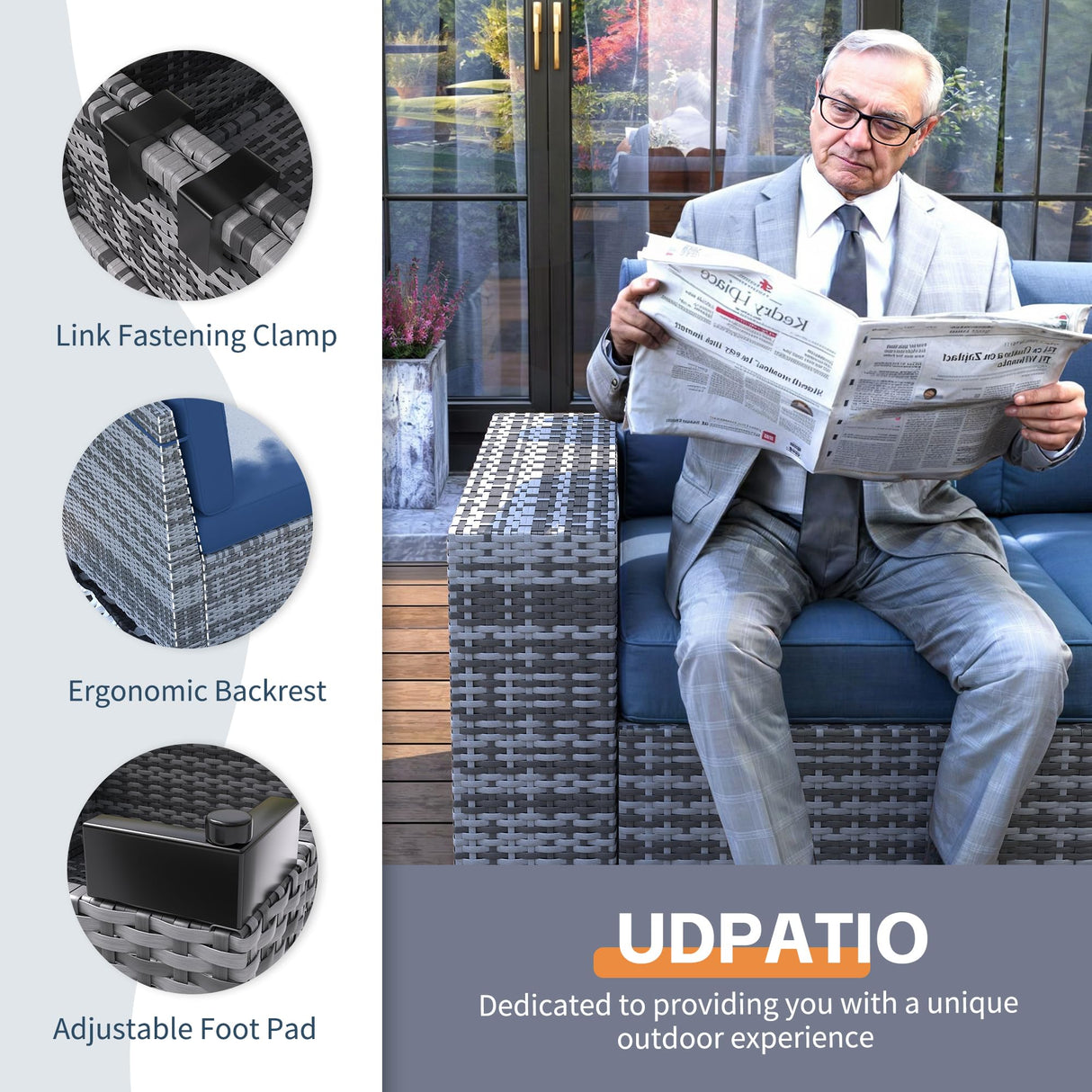 UDPATIO 13 Piece Patio Furniture Set with Fire Pit Table, 8''Wide Armrest Modular Rattan Outdoor Sectional Sofa Set,Wicker Patio Conversation Sets for Backyard,Deck w/ 4'' Cushions,Cover(Grey/Blue) UDPATIO