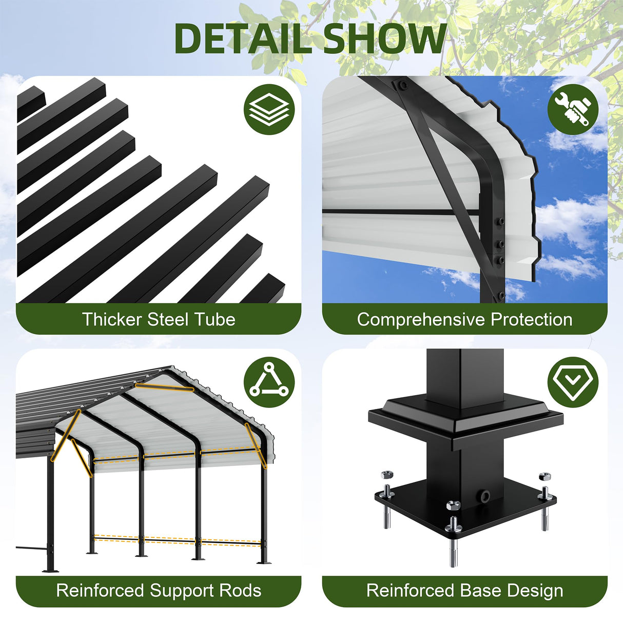 JAMFLY 12X15 FT Carport, Heavy Duty Carport Canopy with Galvanized Steel Roof and Frame, Metal Carport Upgraded Extra Large Garage for Pickup, Boat, Car and Tractors JAMFLY