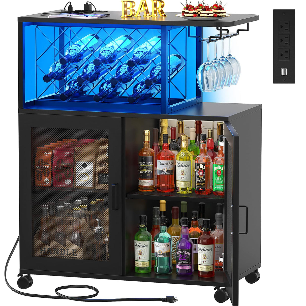 Girapow Small Bar Cart with Wheels, Liquor Cabinet with LED Light, Wine Bar Cabinet with Power Outlets, Home Mini Bar with Wine Rack, Glasses Storage for Kitchen, Dining Room, Living Room, Black Girapow