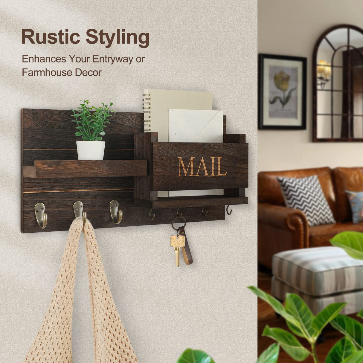 Lwenki Mail Organizer for Wall Mount – Key Holder with Shelf Includes Letter Holder and Hooks for Hallway Farmhouse Decor – Rustic Wood with Flush Mounting Hardware (16.5” x 9.1” x 3.4”) (Brown) Lwenki