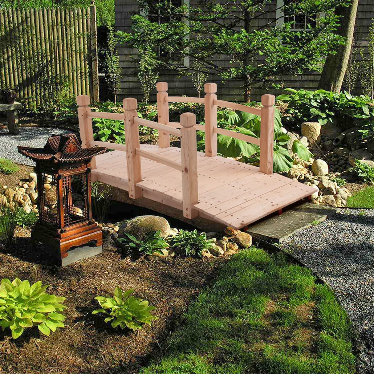 Koopee LEEXCCOS Higher Quality & Stronger Wooden Garden Bridge for Outdoors 5ft, More Durable Landscape Arch with Safety Railsm, 500lbs Capacity Decorative Pond Bridge (Natural Wood) Koopee