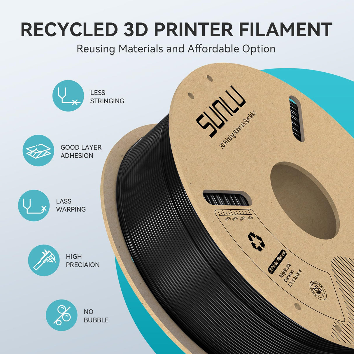 SUNLU PETG Filament 1.75mm, 3D Printer Filament 1.75mm ±0.02mm, Fit Most FDM 3D Printer, 1KG Cardboard Spool. (Black) SUNLU