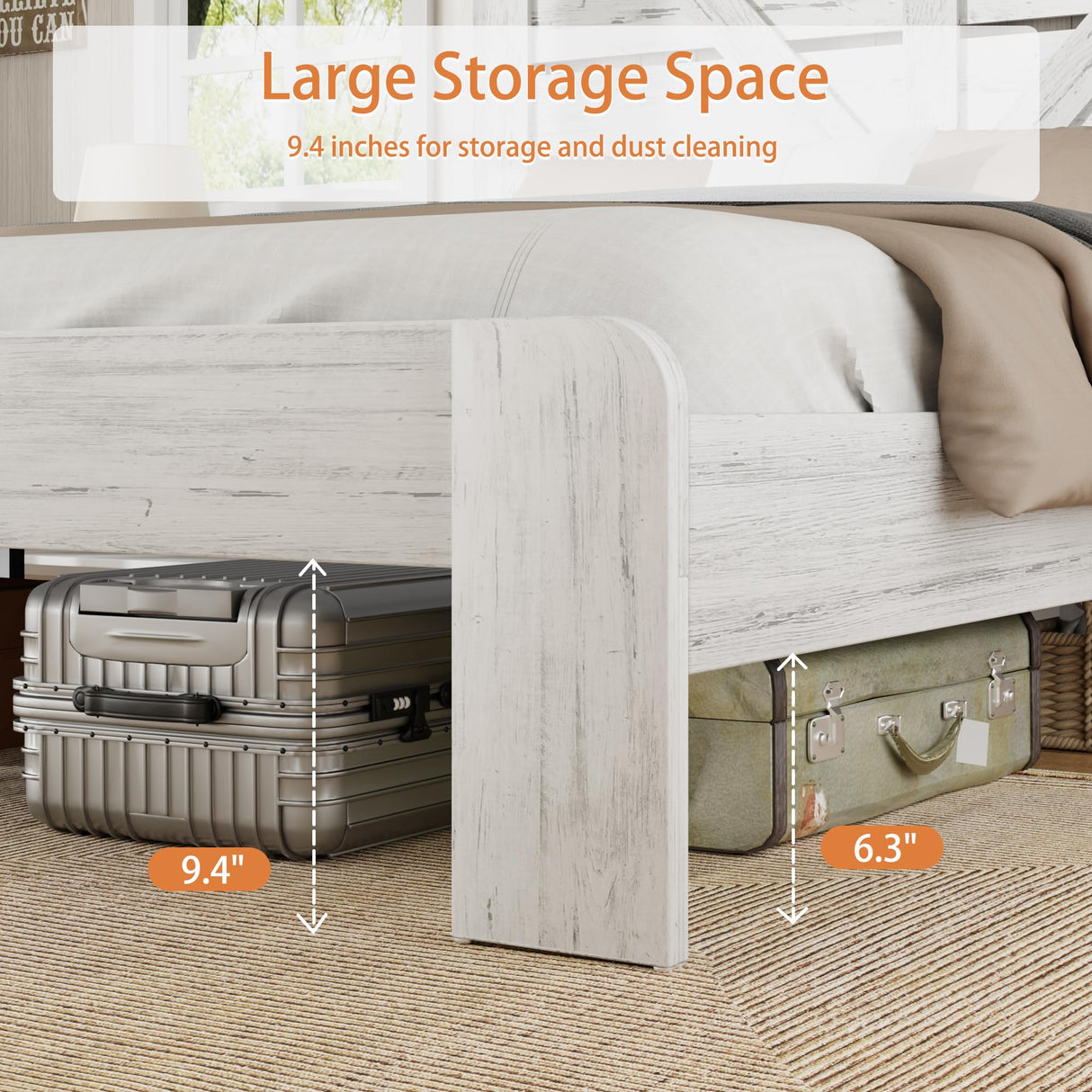 FSTAR King Size Wooden Farmhouse Bed Frame with Headboard, Boho Platform Bedframe with Charging Station & Led Lights, Heavy Duty Metal Slats, Noise Free, No Box Spring Needed, White FSTAR