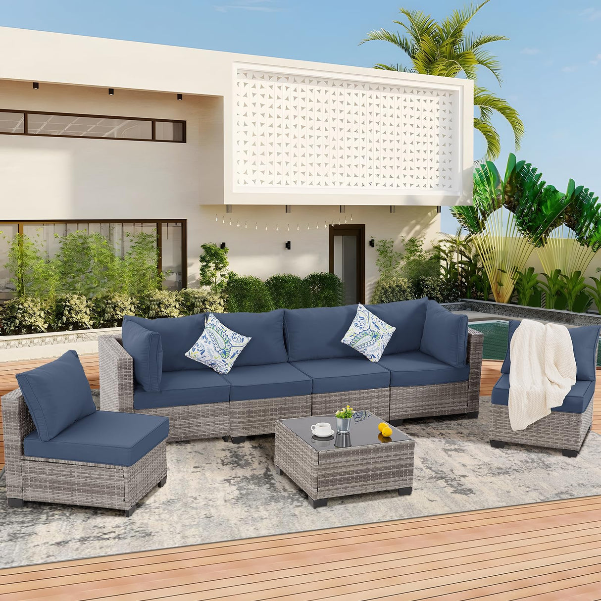 FHFO 7 Piece Outdoor Wicker Patio Furniture Set, Rattan Sectional Sofa Couch, Patio Conversation Set with Cushion & Coffee Table, for Backyard Poolside Porch Garden, Grey-Navy Blue FHFO