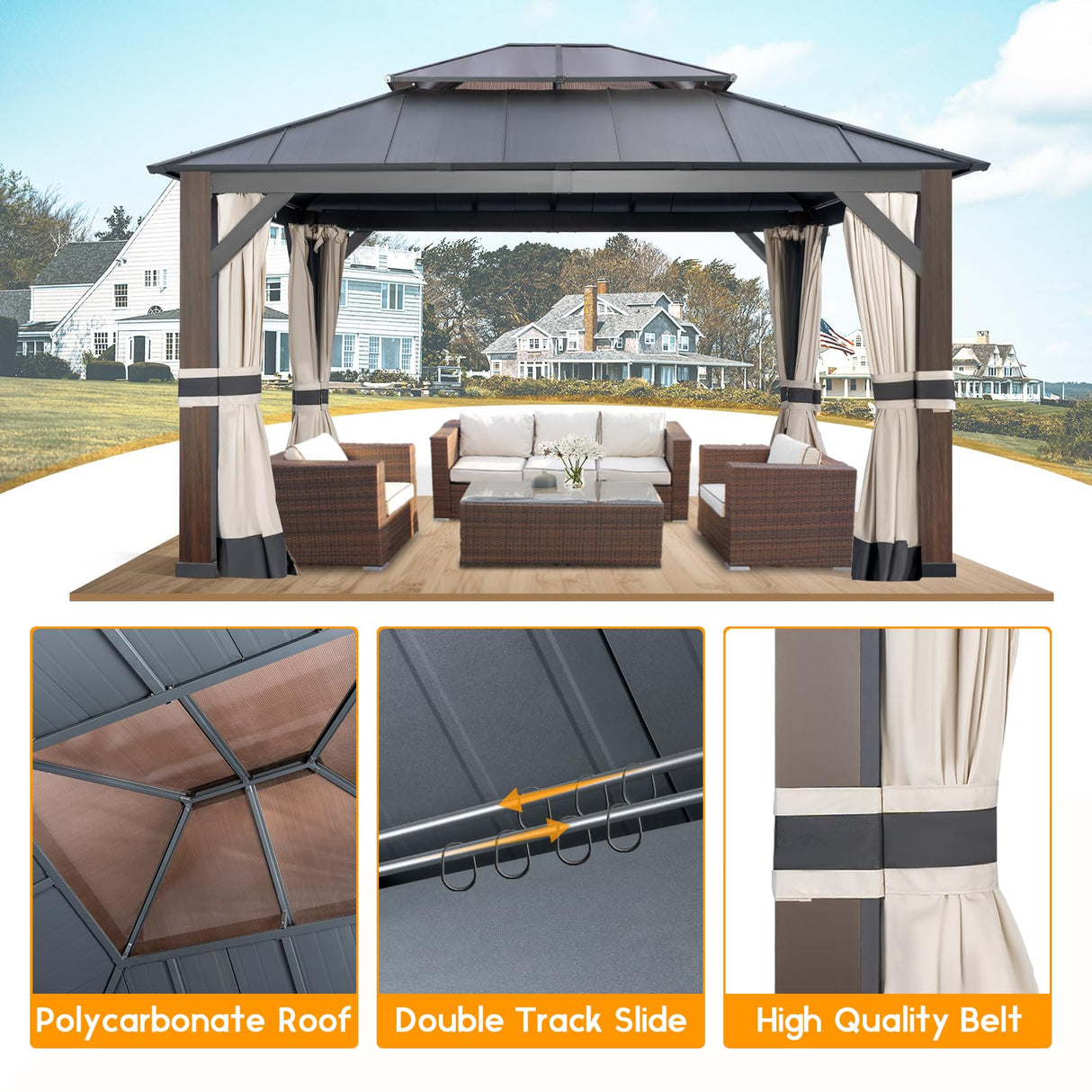 Warmally 12'×14' Hardtop Gazebo with Stable Support Posts, Outdoor Metal Gazebo with Nettings and Curtains Fast-Splicing Aluminum Structure for Patio Backyard Deck and Lawns Warmally