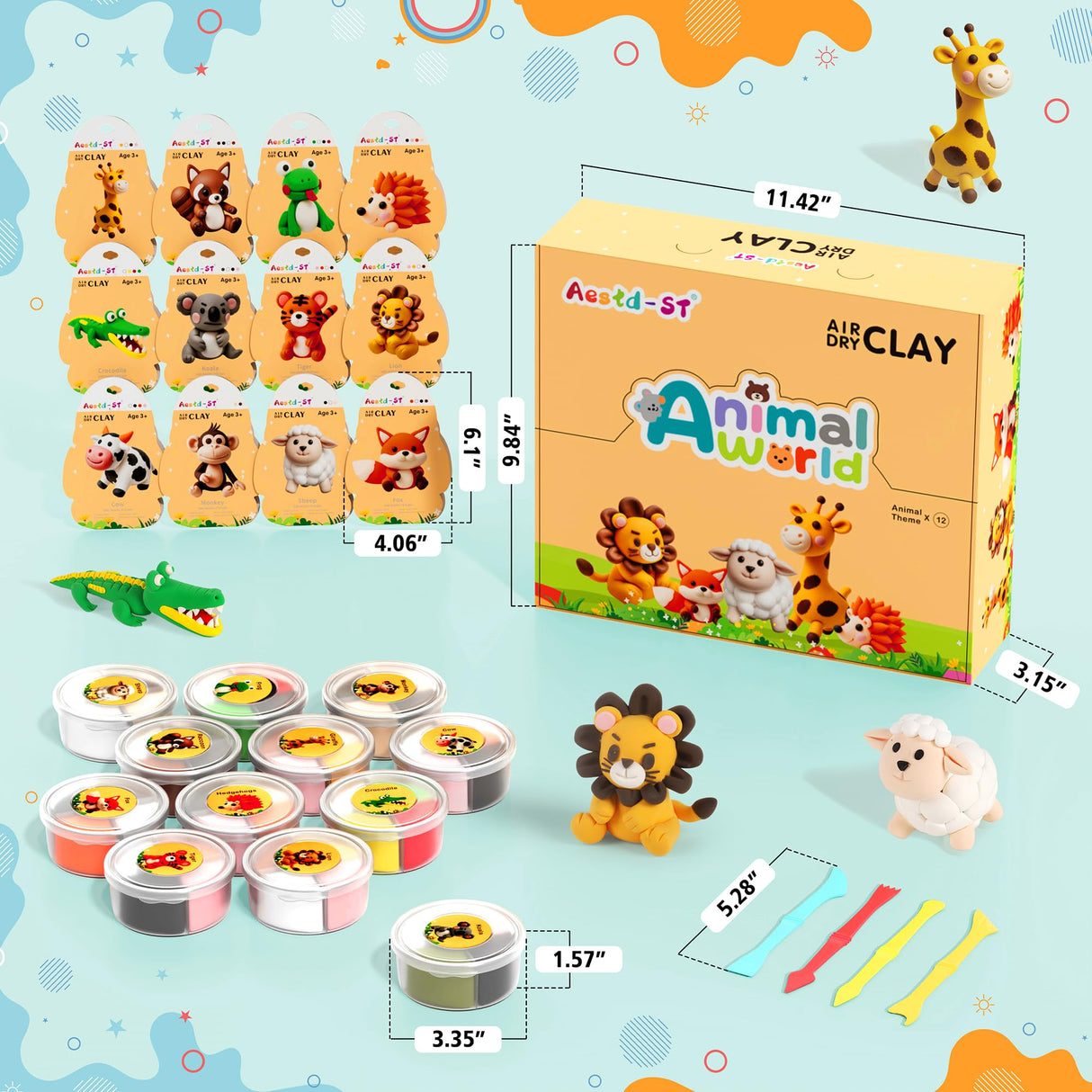 Air Dry Clay Kit - Animal Theme, Modeling Clay for Kids, DIY Model Magic Clay with Sculpting Tools and Tutorials, 12 Boxes Molding Clay, Ultra Light, Soft & Non-Toxic, Arts and Crafts Gift for Kids Aestd-ST