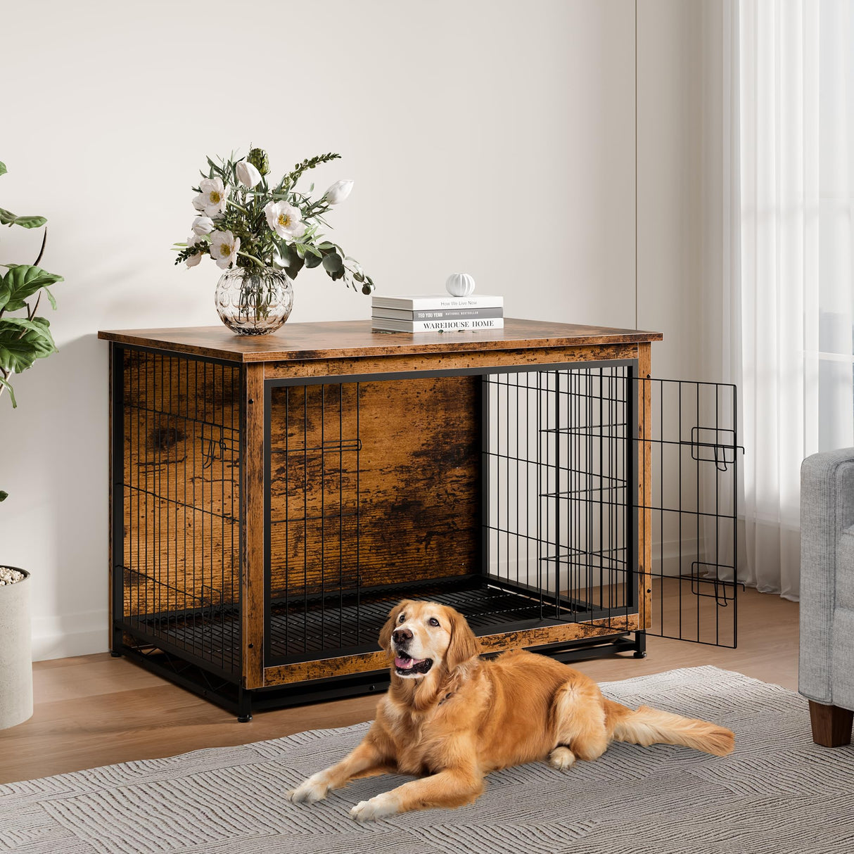 Vongrasig Dog Crate Furniture, Side End Table, Modern Wooden Kennel for Dogs Indoor, Heavy-Duty Dog Cage with Multi-Purpose Removable Tray, Double-Door Dog House, Rustic Brown Vongrasig