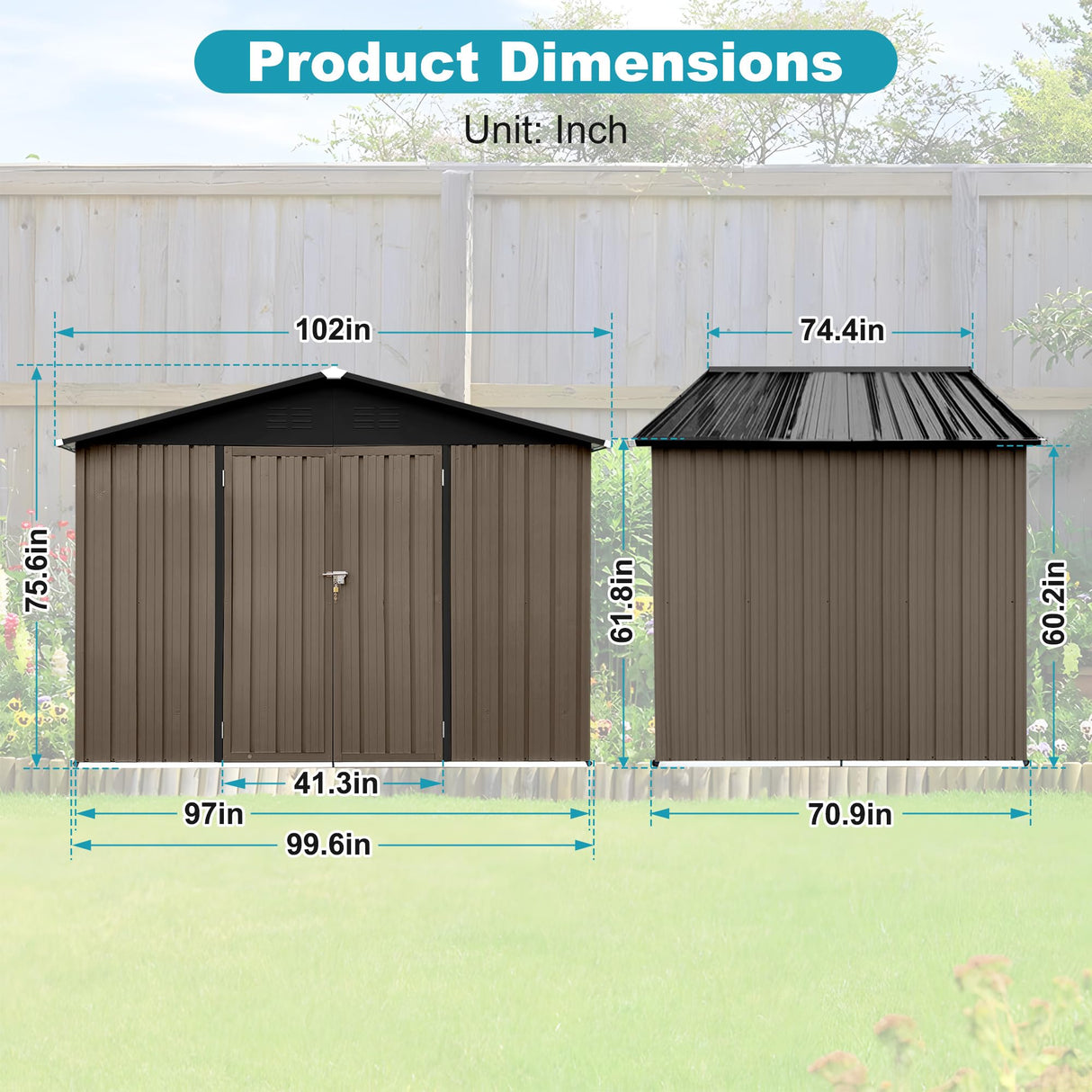 Lyngins 8x6 FT Outdoor Storage Shed, Metal Tool Shed with Lockable Doors, Peaked Roof & Frame Floor, Garden Shed with Vented Design for Backyard Garden Patio Lawn, Brown + Black Lyngins