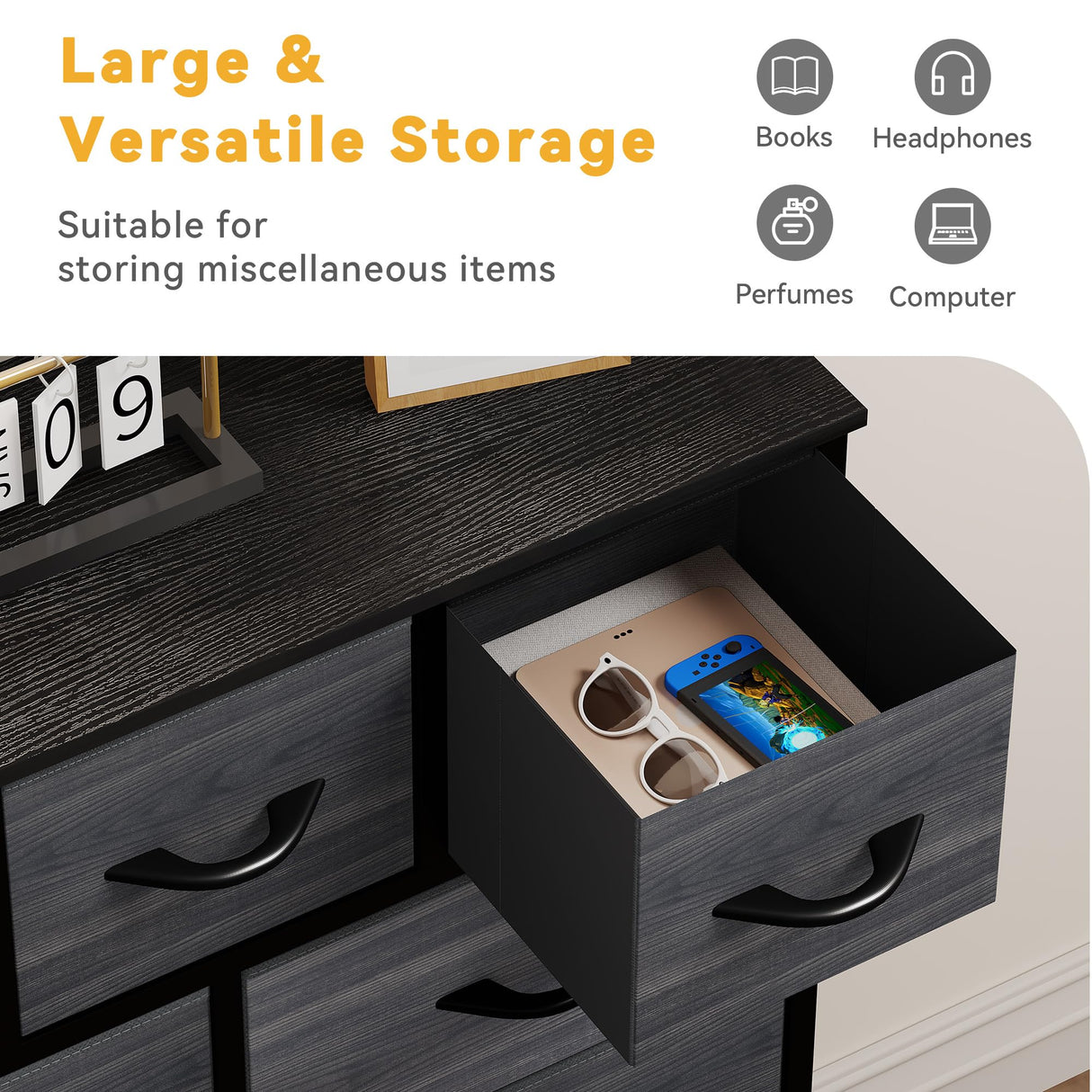 DWVO Dresser with 9 Drawers - Fabric Storage Tower, Organizer Unit for Living Room, Hallway, Closets - Sturdy Steel Frame, Wooden Top & Easy Pull Fabric Bins DWVO